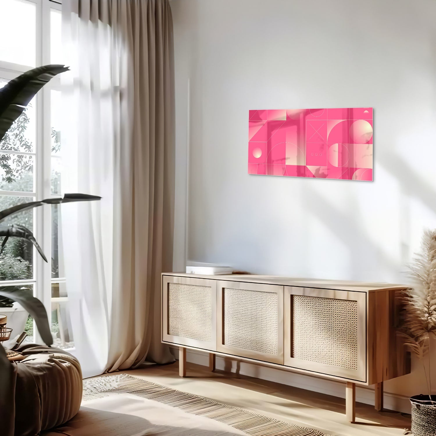Modern glazen schilderij in frisroze met geometrische vormen.