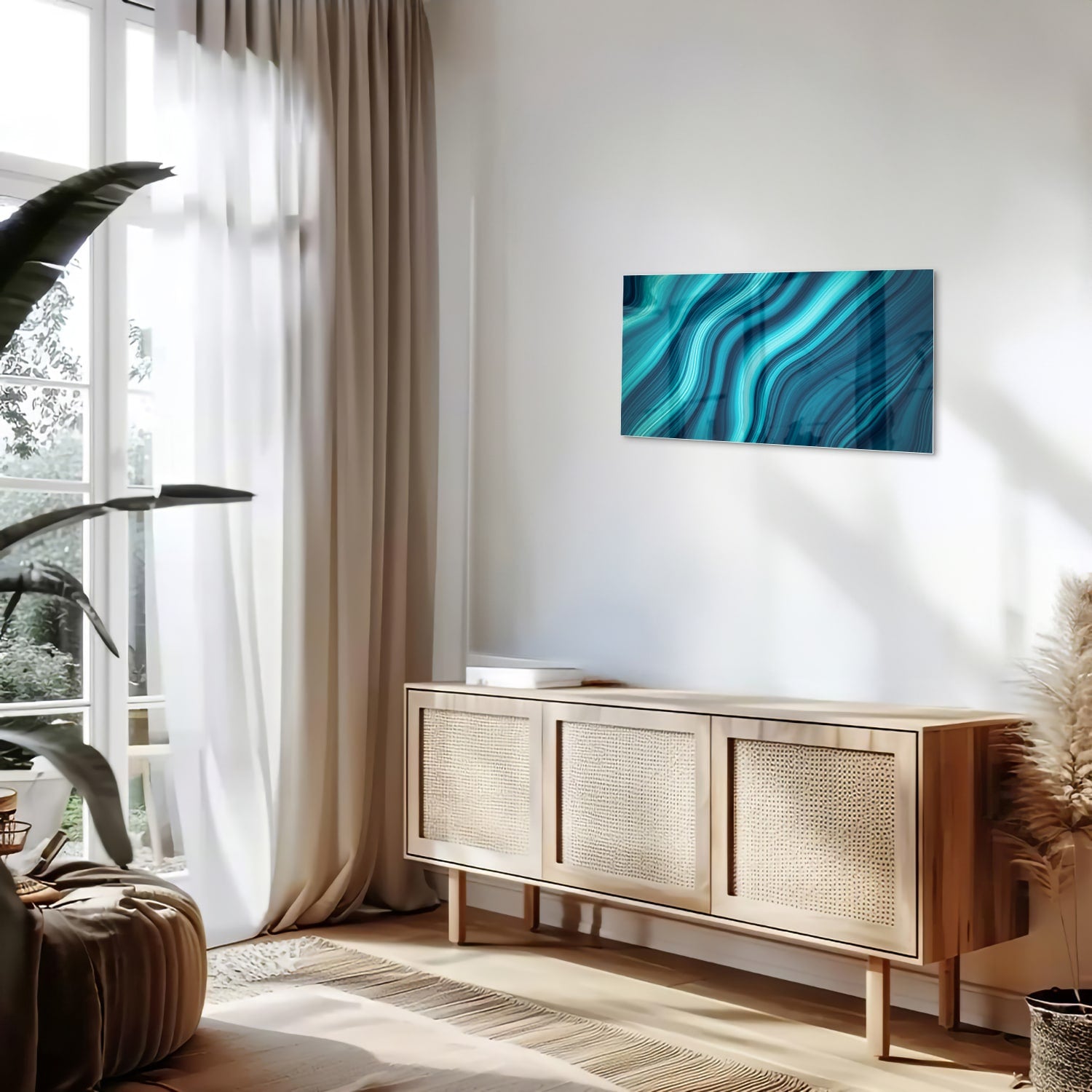Moderne glazen schilderij met blauwe en groene golven aan de muur