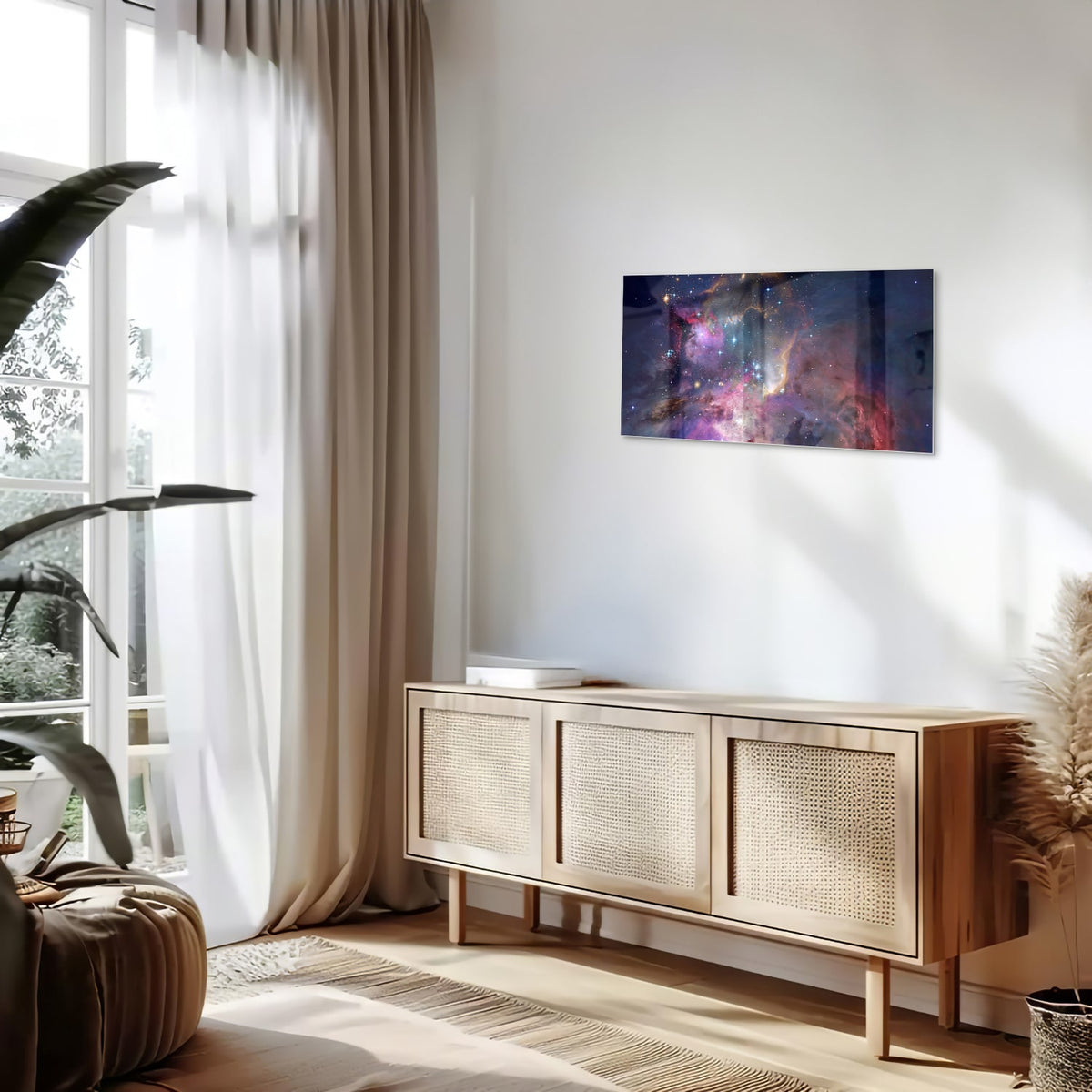 Glazen schilderij met een prachtig universum en sterren op een wand
