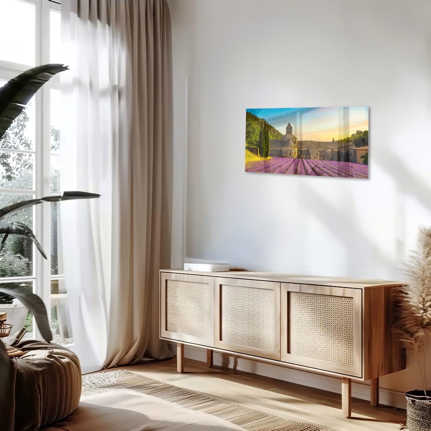 Glazen schilderij van lavendelvelden en een klooster in de Provence