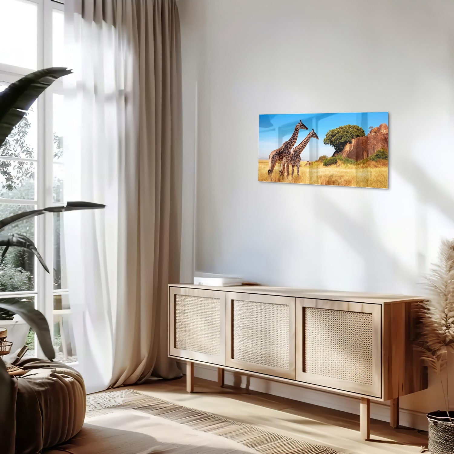 Glazen schilderij van twee giraffen in een Afrikaans landschap