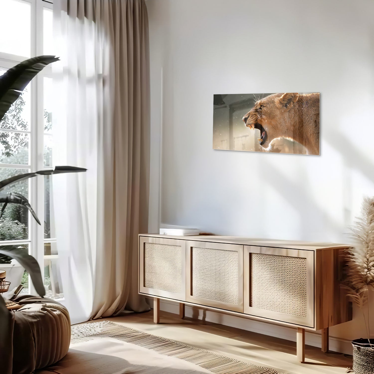 Glazen schilderij van een brullende leeuw, bijzonder kunstwerk voor aan de muur.