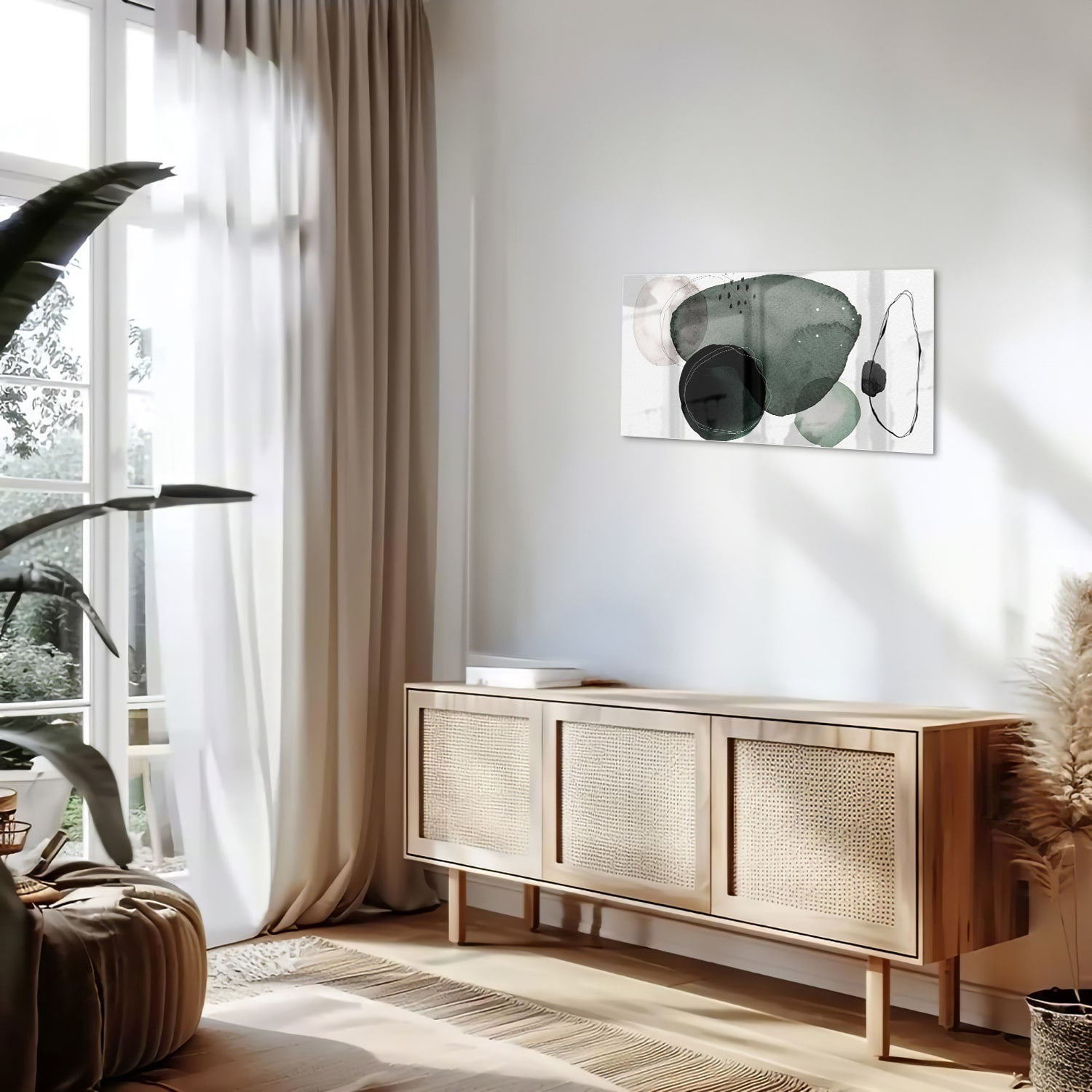 Abstract glas schilderij met groene en zwarte vormen