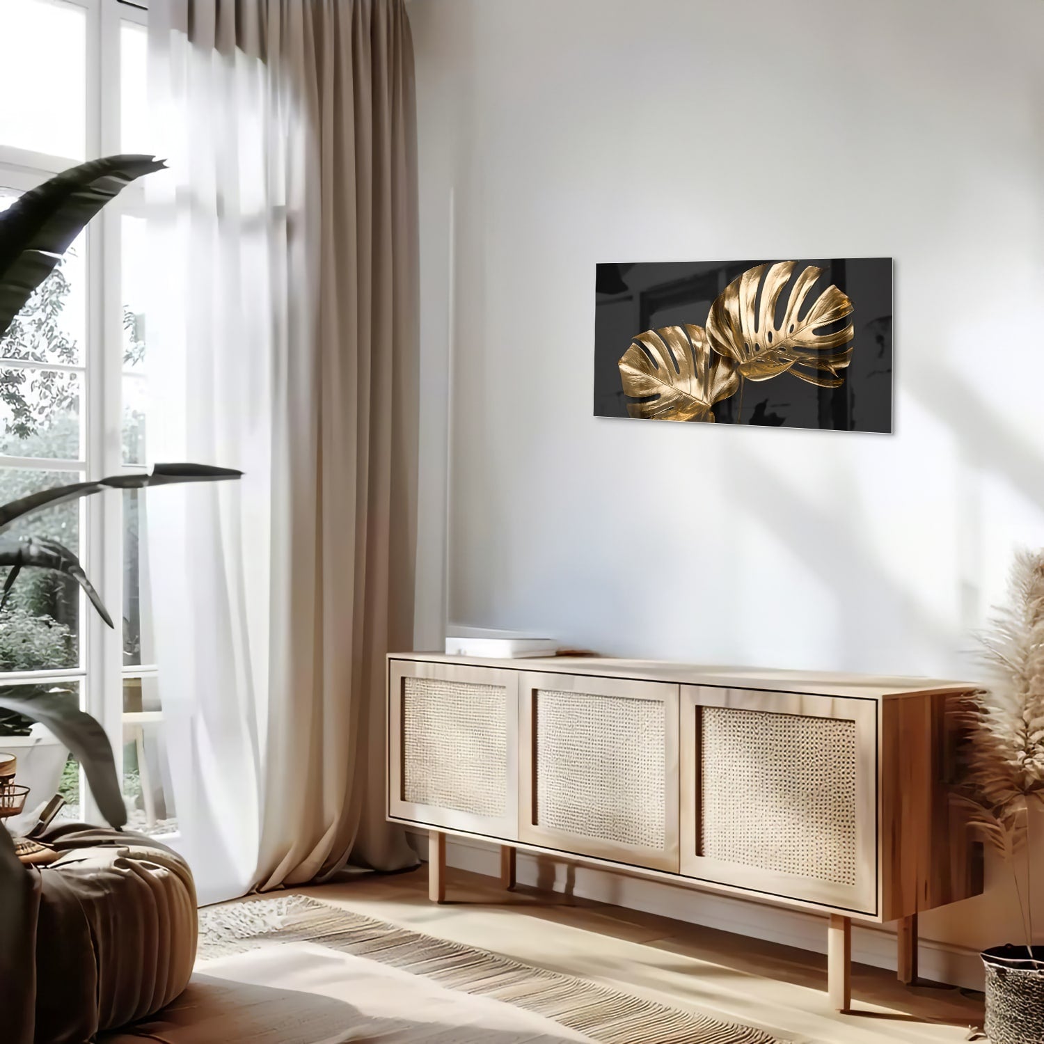 Gouden glazen schilderij met monstera bladeren aan de muur