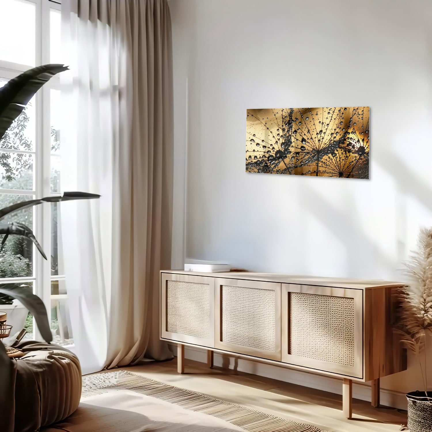 Glazen schilderij met gouden waterdruppels op een lichte muur.