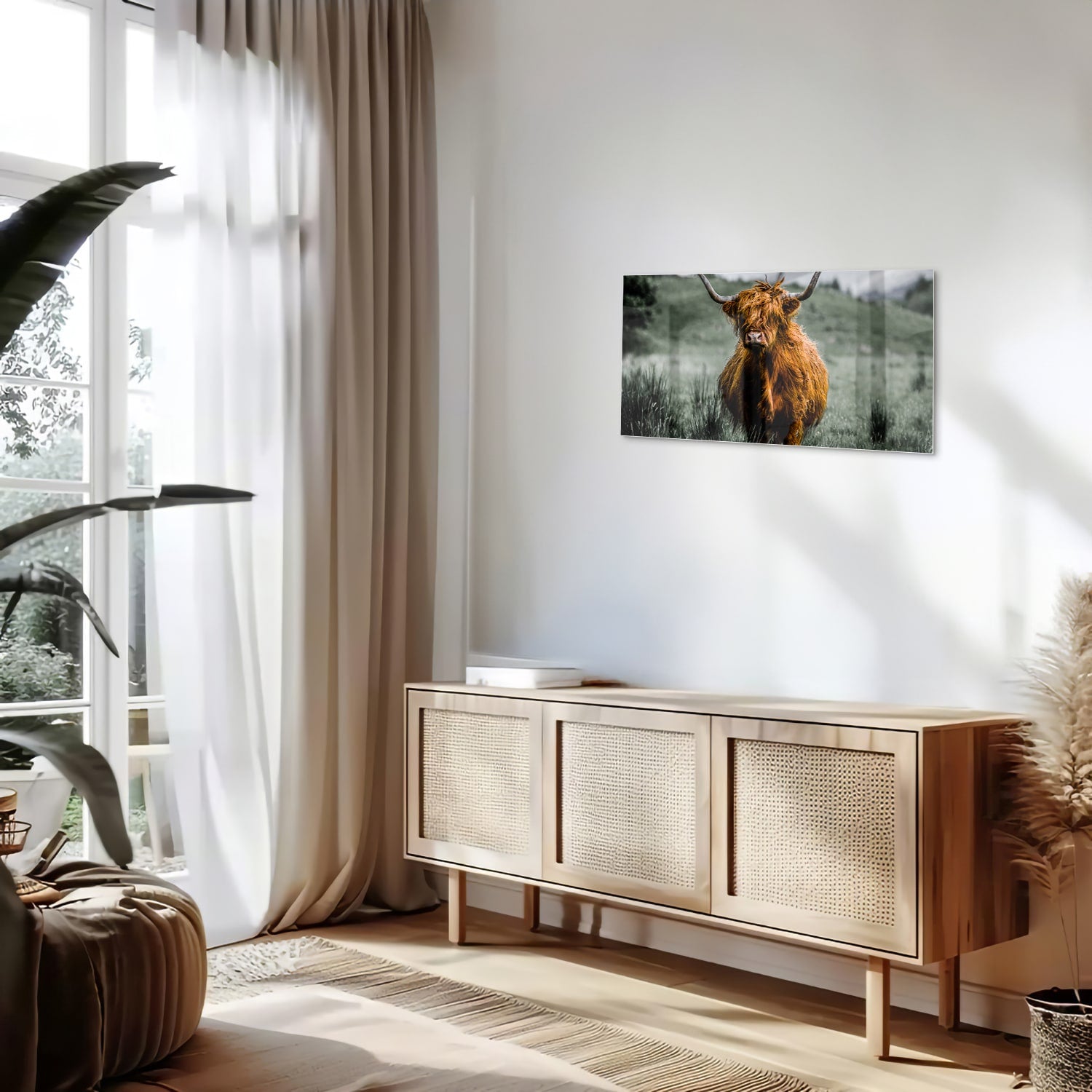 Schots Hooglander schilderij op glas in een groene omgeving.