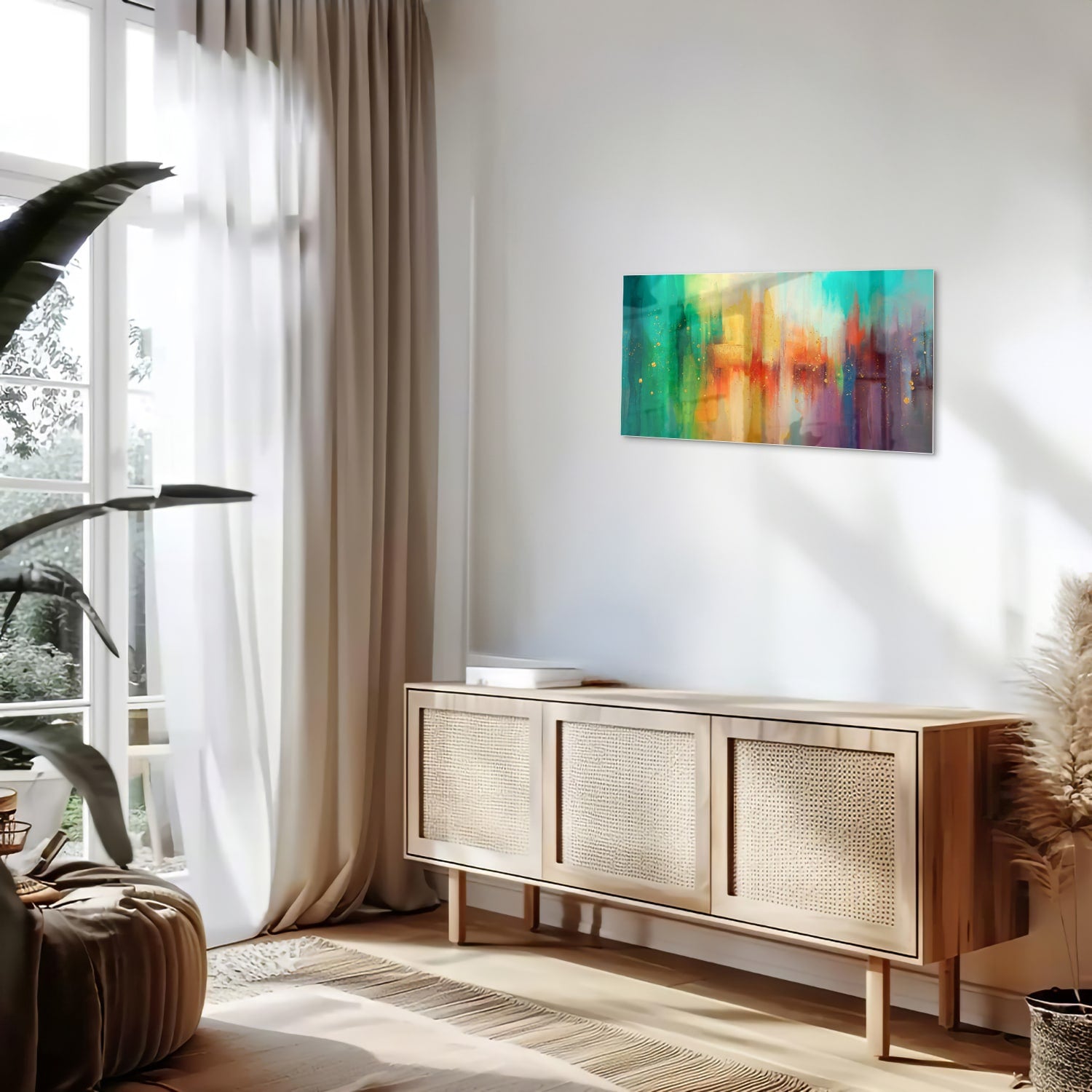 Abstract kleurrijk glazen schilderij aan de muur in een moderne woonkamer.