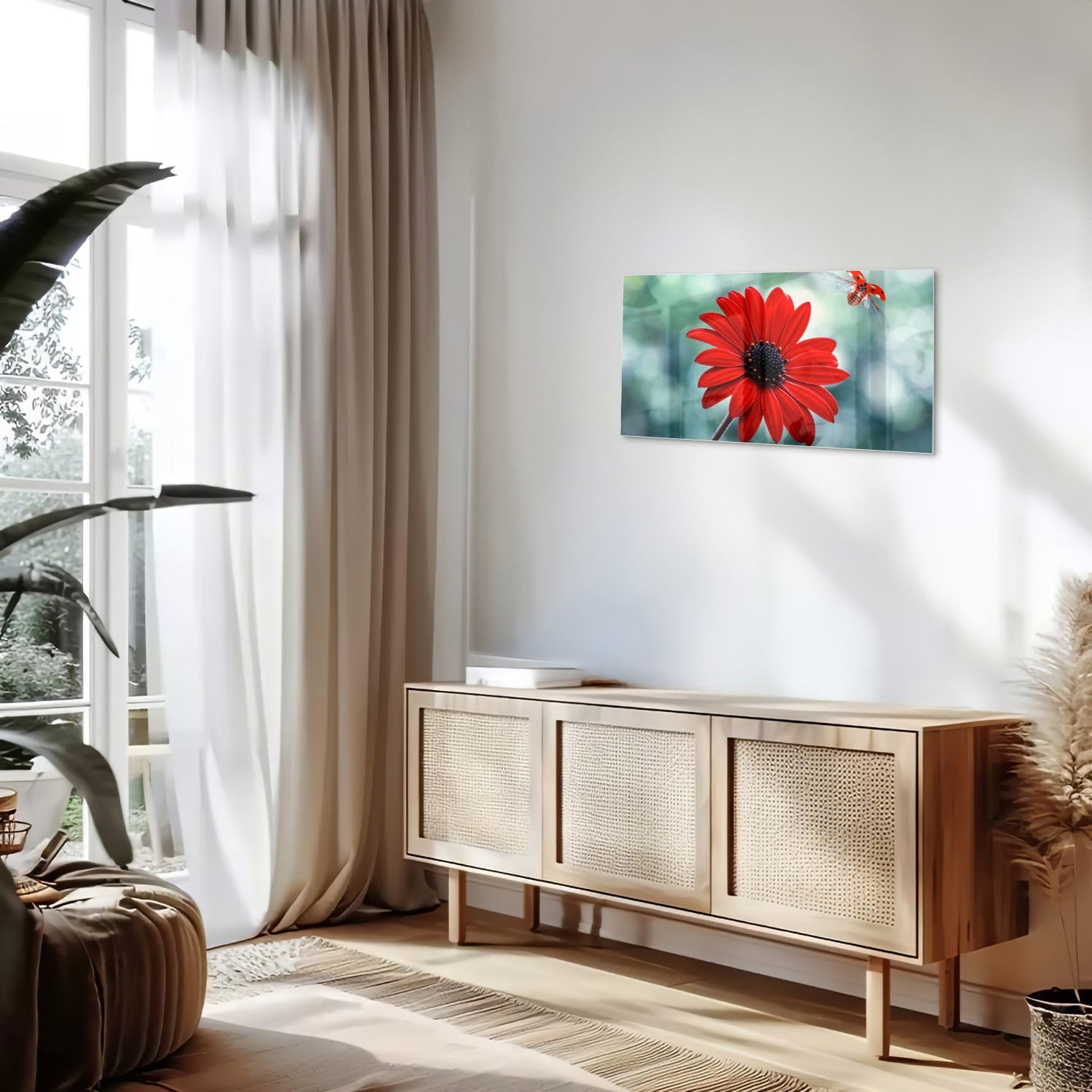 Glazen schilderij van een felrode dandelion tegen een zachte groene achtergrond.