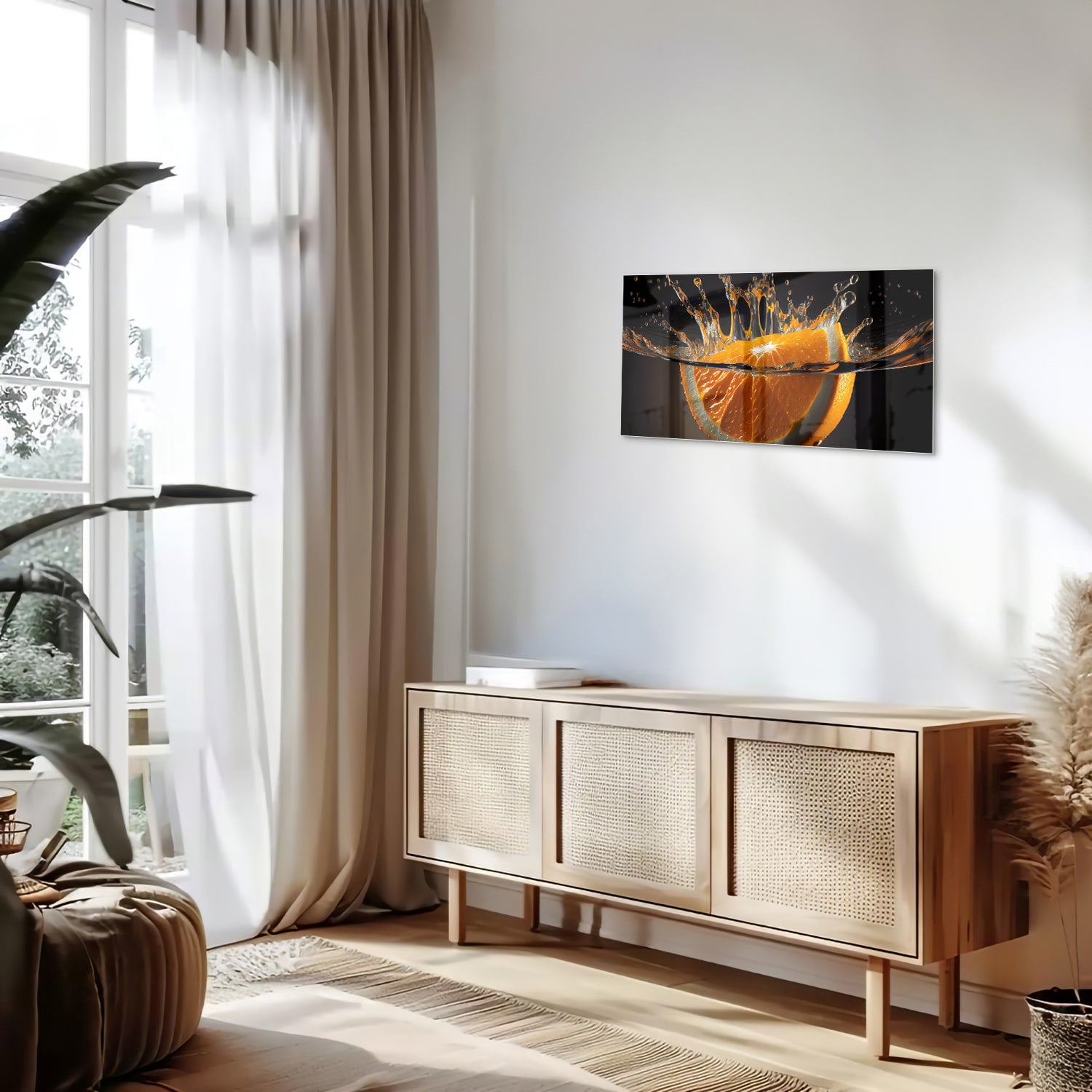 Glazen schilderij van een spetterende sinaasappel boven water.