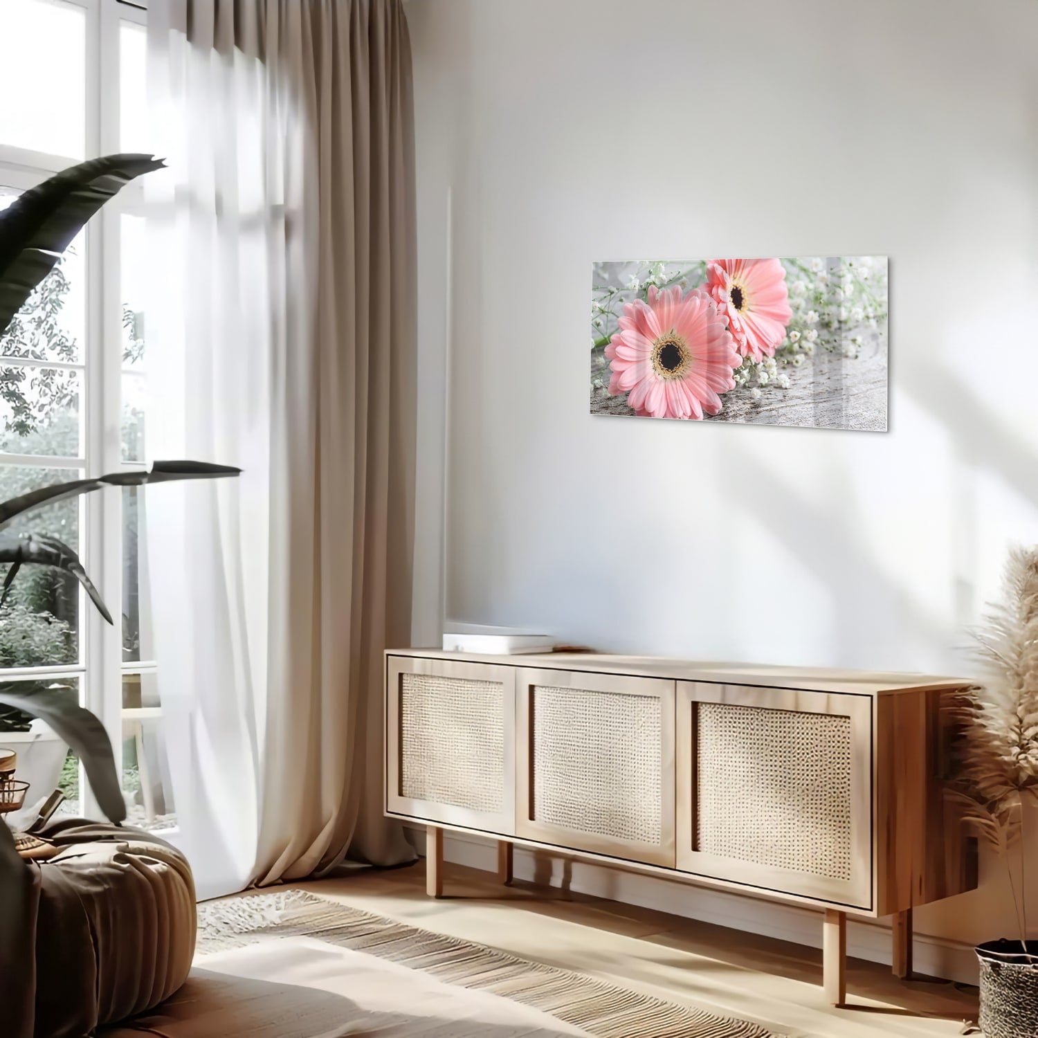 Roze gerbera's op een glazen schilderij, ideaal voor je woonkamer