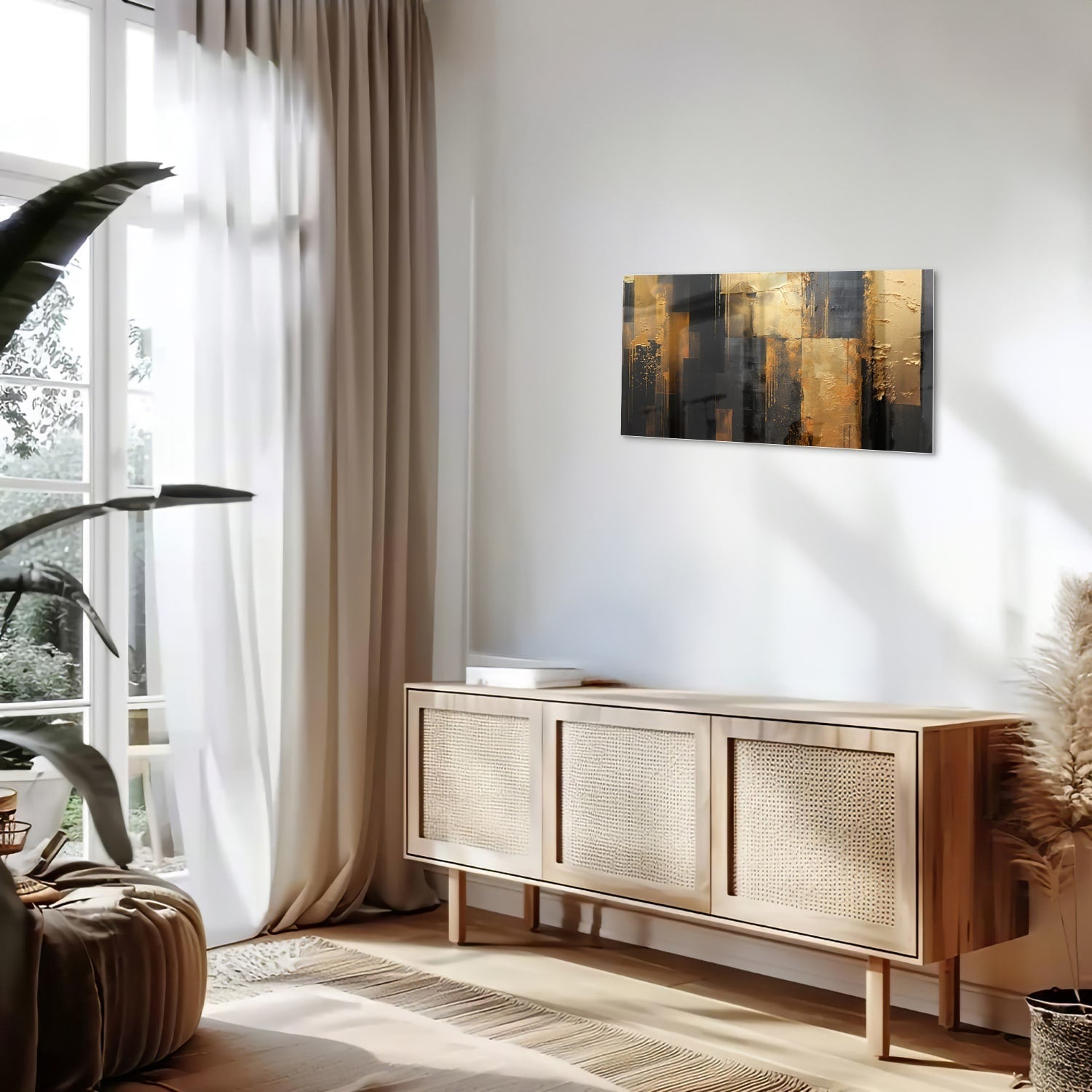 Abstract glazen schilderij in goud en zwart, perfect voor moderne interieurs.