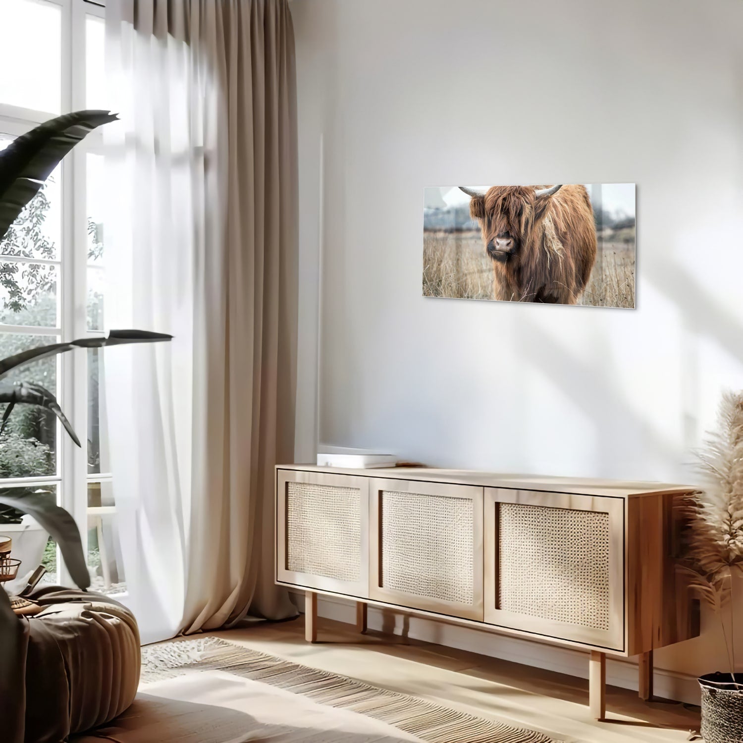 Glazen schilderij met een Houten Hooglander in een natuurlijke omgeving.