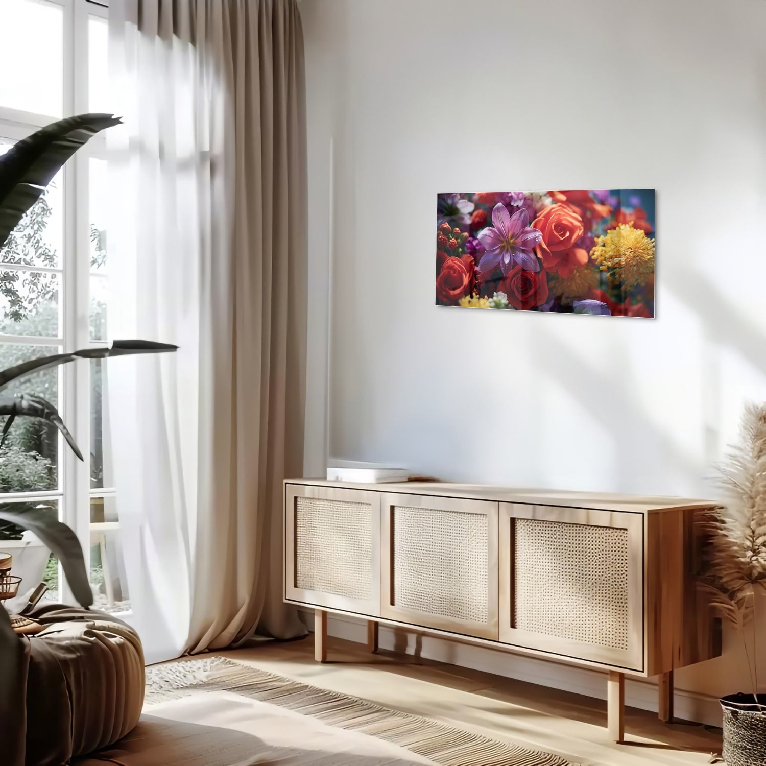 Kleurrijk glazen schilderij met een prachtige bloemencompositie.
