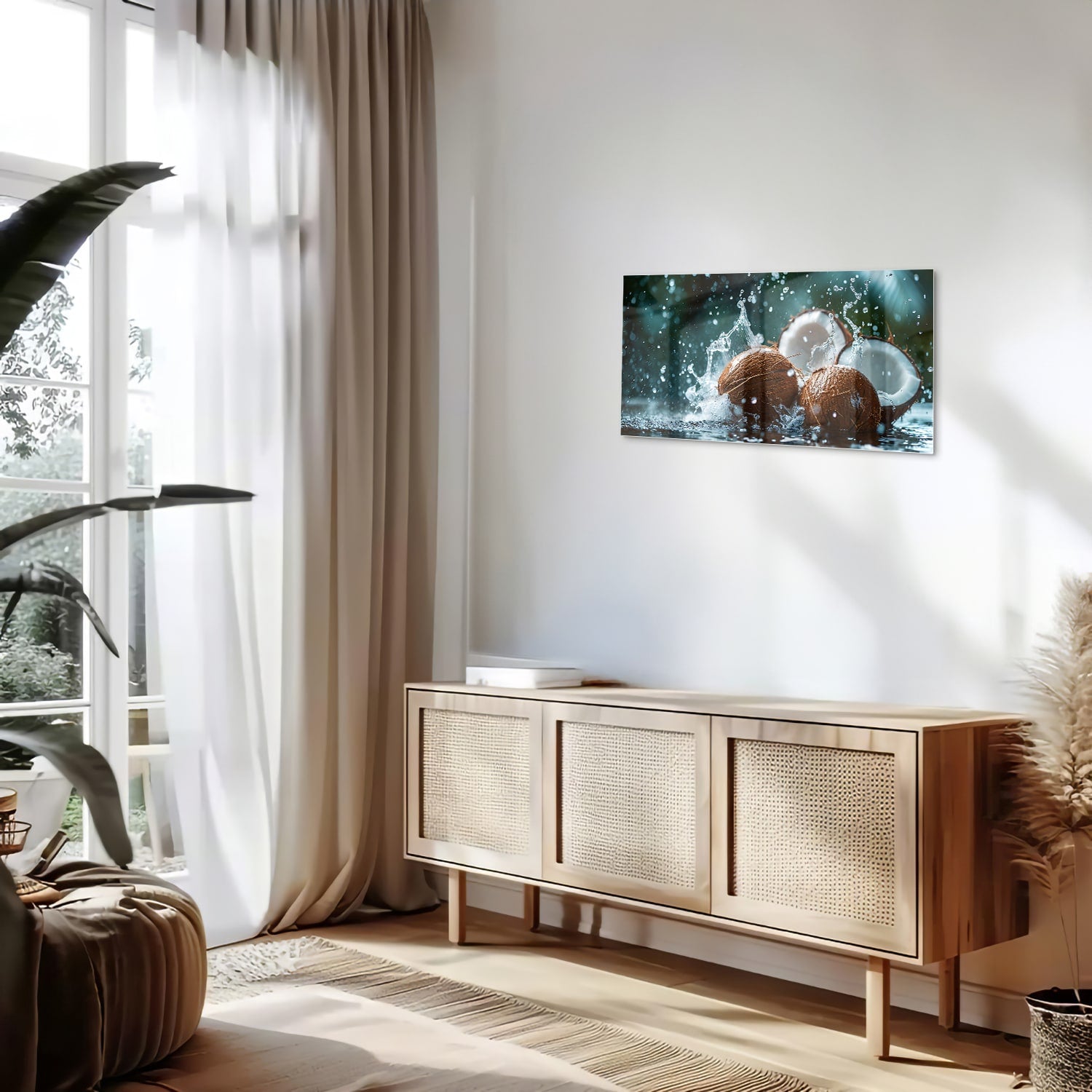 Glas schilderij van kokosnoten met spetters water, perfect voor wanddecoratie.