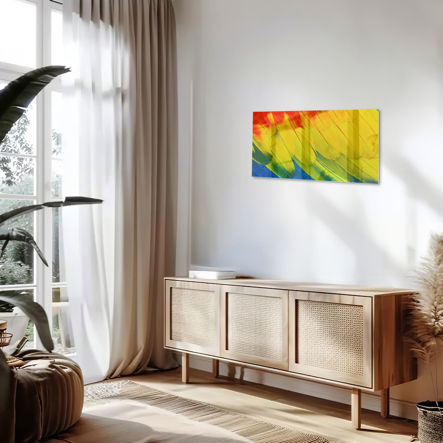 Abstract glazen schilderij met kleurrijke golven in rood, geel en blauw