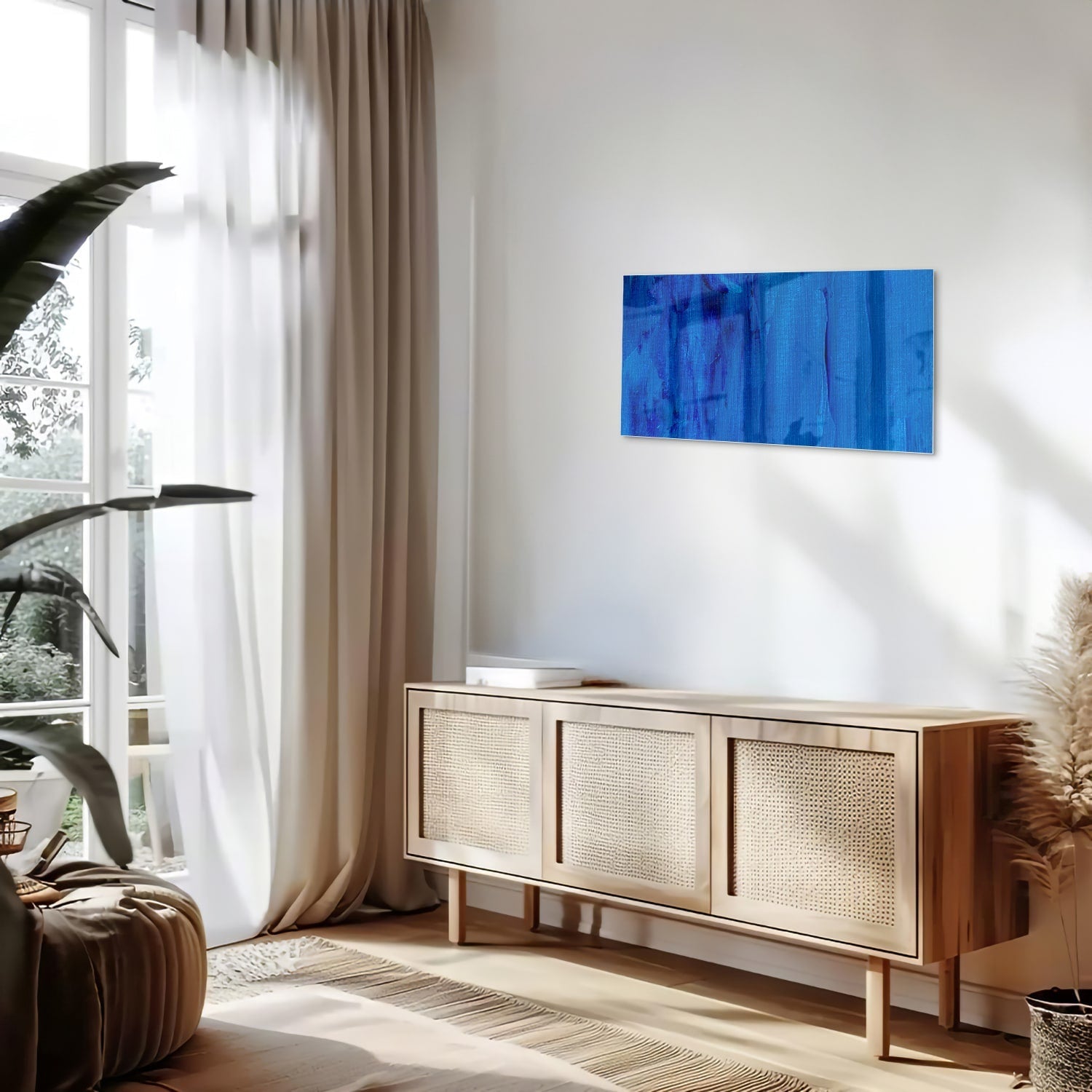 Abstract glazen schilderij in blauw, perfect voor moderne inrichting
