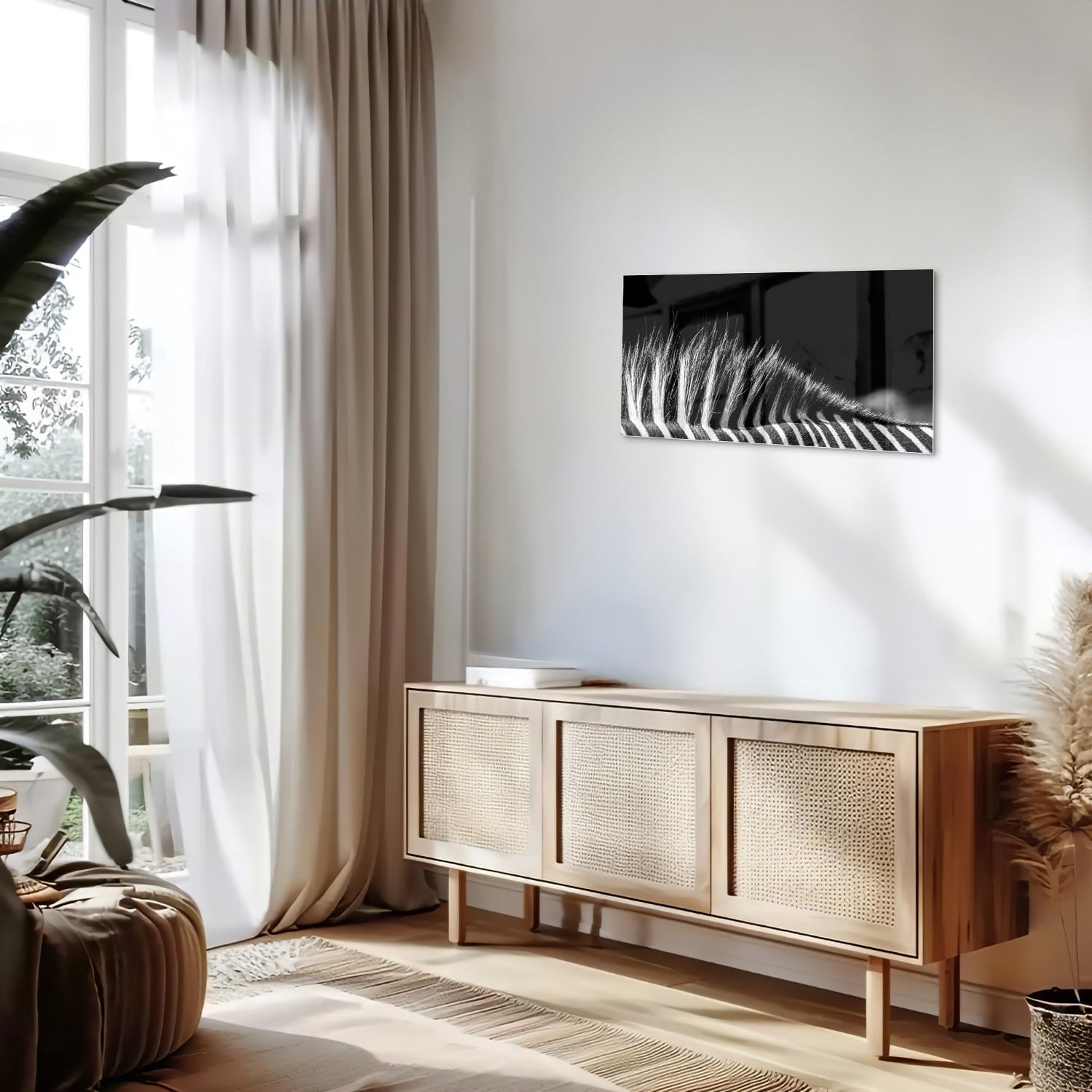 Een modern zwart-wit glazen schilderij met naadloze lijnen aan de muur.