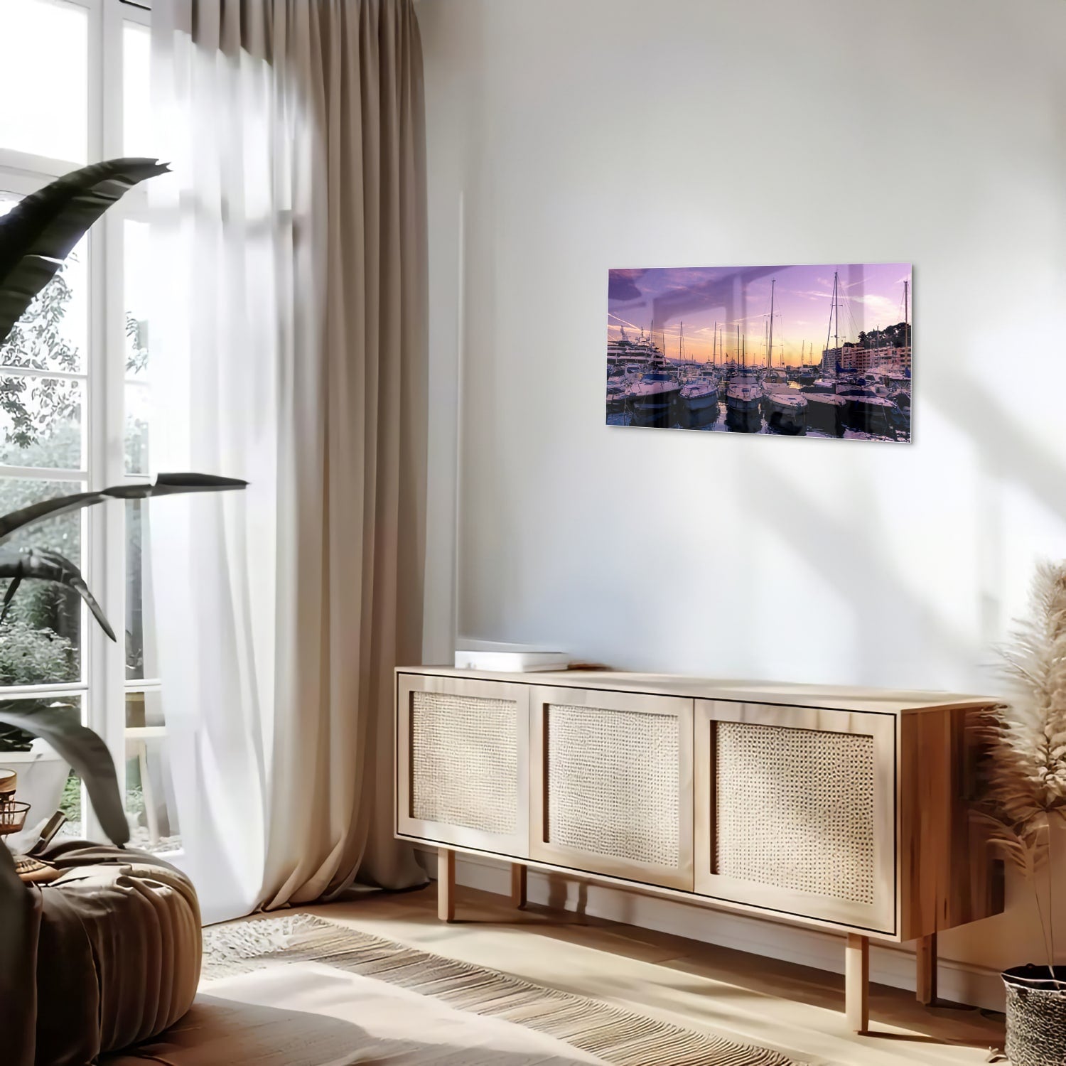 Glazen schilderij van een zonsondergang bij de haven met boten