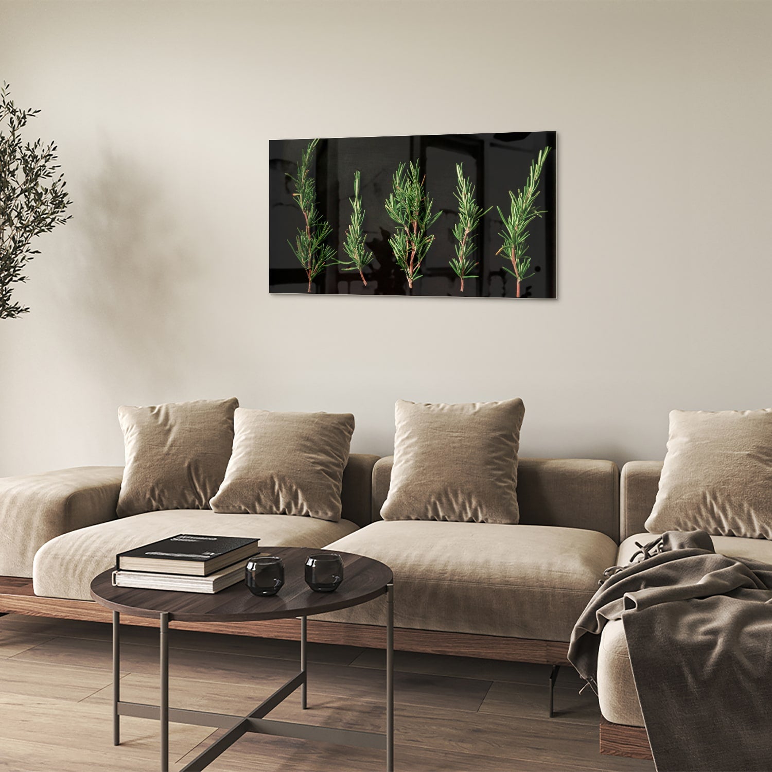 Glazen schilderij met illustraties van groene takken aan een wand.