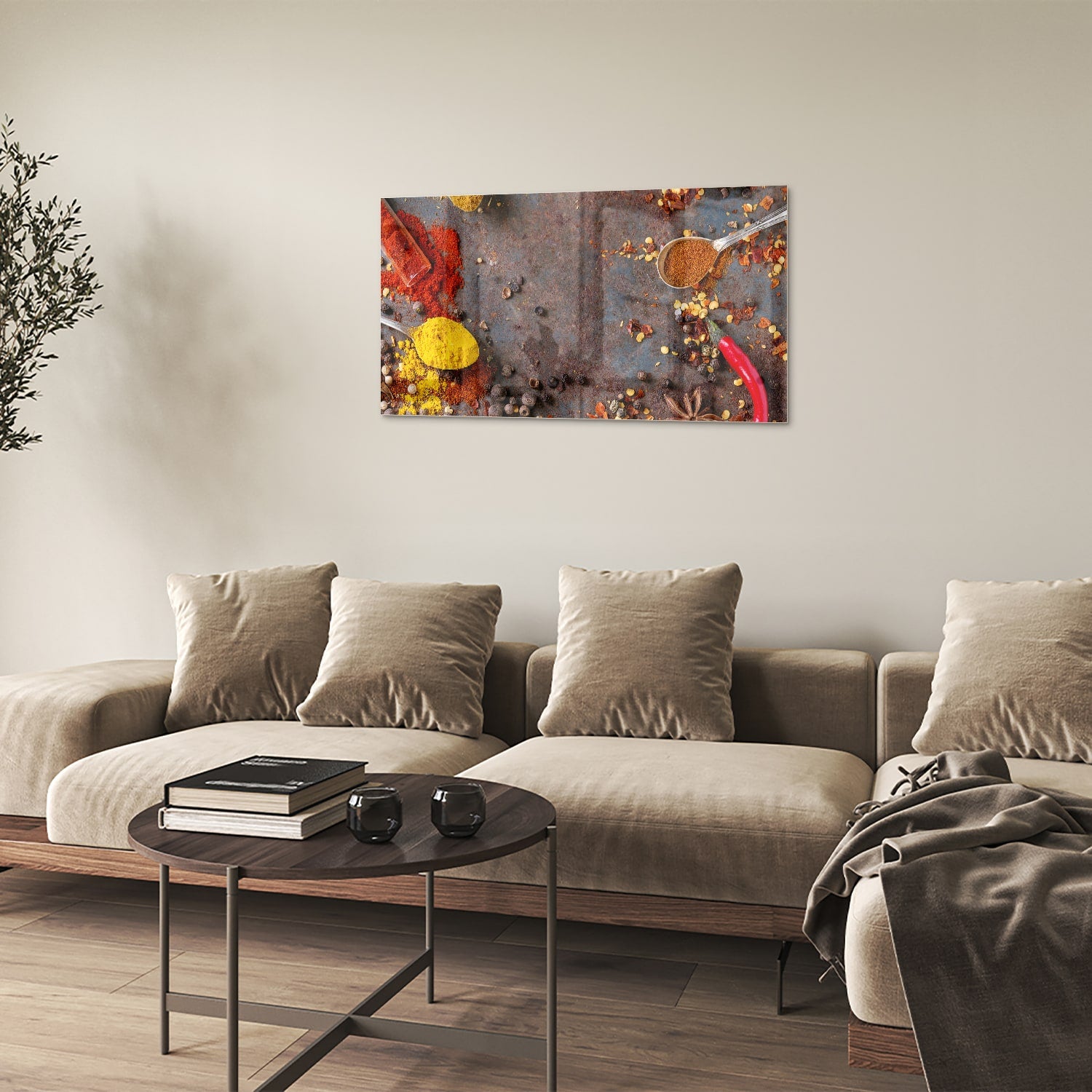 Een kleurrijk glazen schilderij met specerijen en kruiden, perfect voor keukeninrichting.