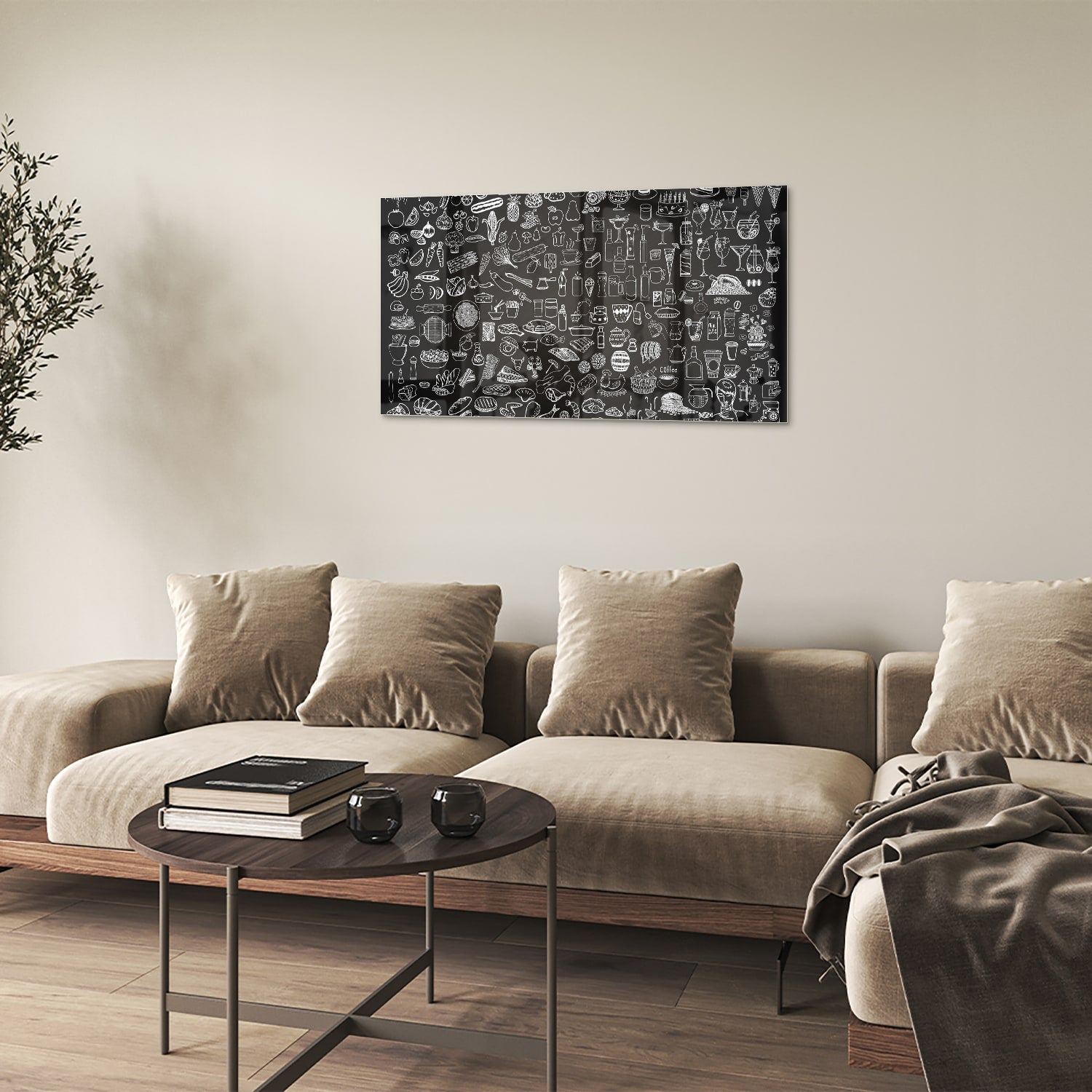 Glazen schilderij met zwart-witte illustraties aan een muur