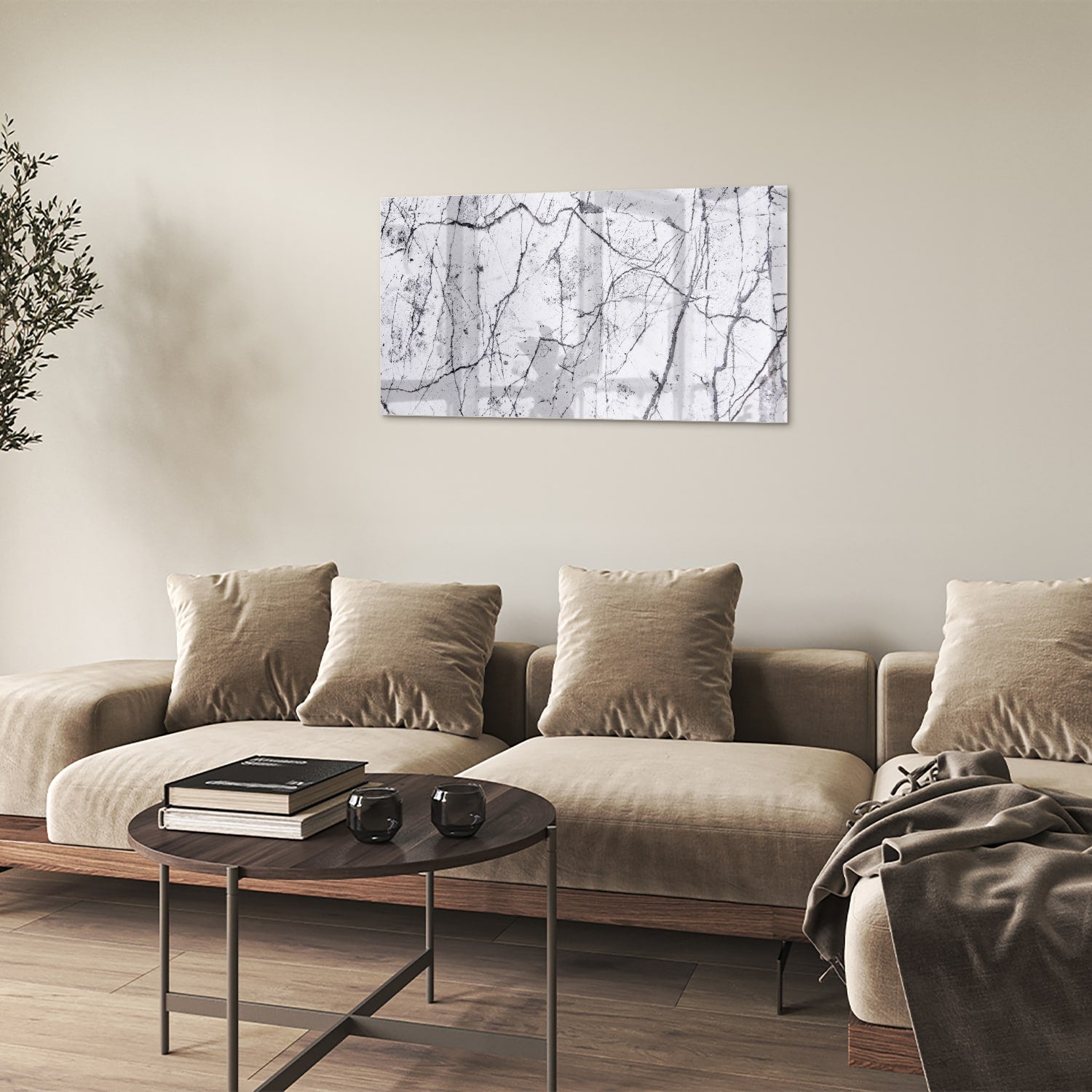 Abstract glazen schilderij met takkenstructuur in zwart-wit