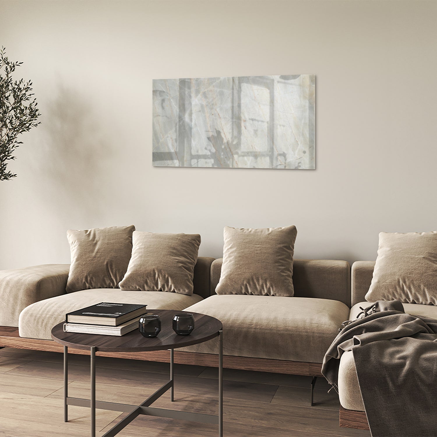 Glazen schilderij met abstracte marmeren figuren, perfect voor interieurdecoratie.