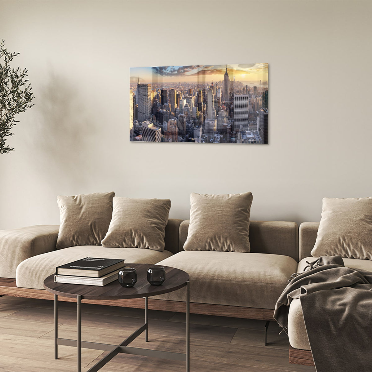 Glazen schilderij van de skyline van New York bij zonsondergang.