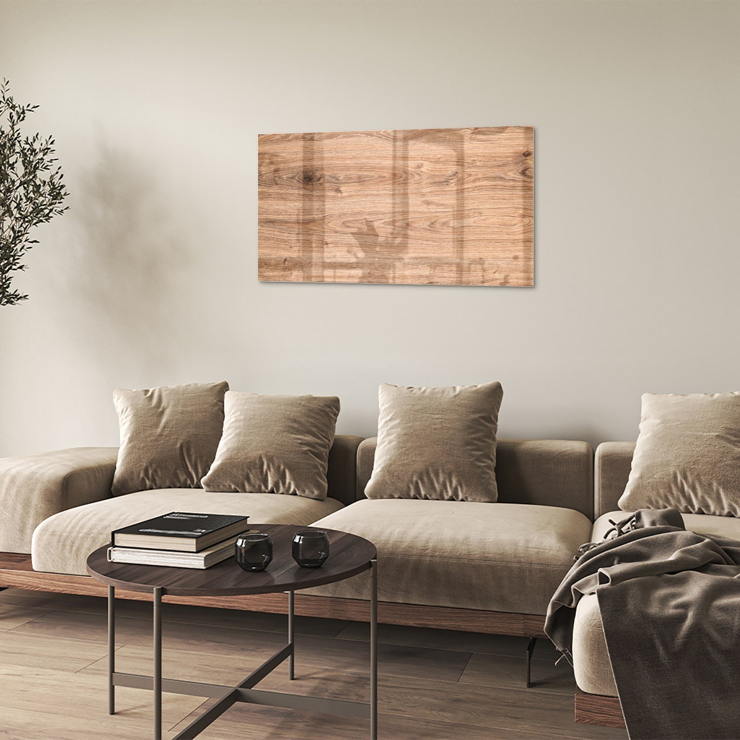 Glazen schilderij met een natuurlijke houtlook boven een moderne kast