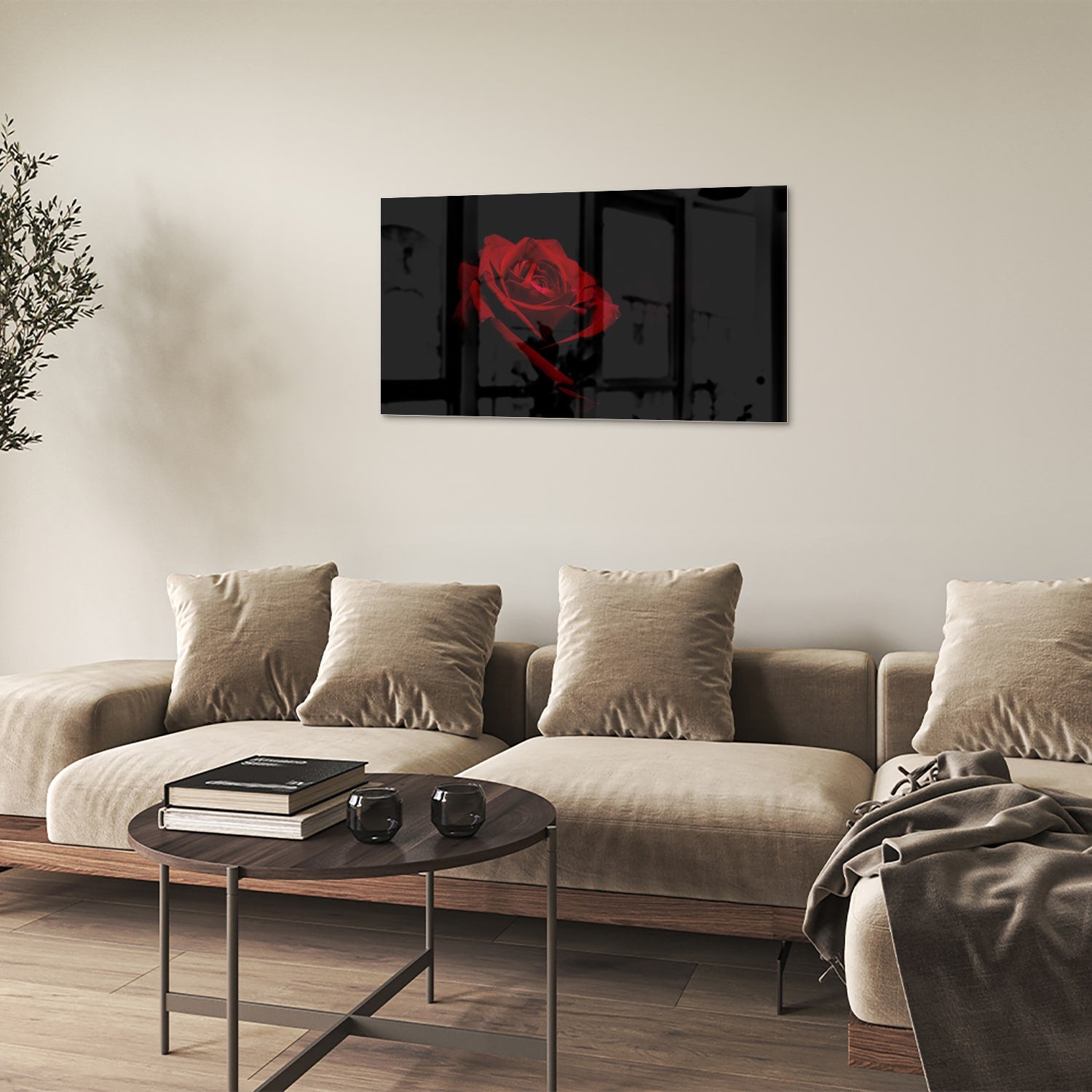 Glazen schilderij met rode roos op een zwarte achtergrond, elegant en modern.