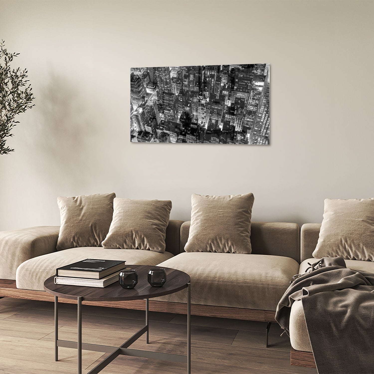 Zwart-wit glazen schilderij van een stad, prachtig decor voor modern interieur.