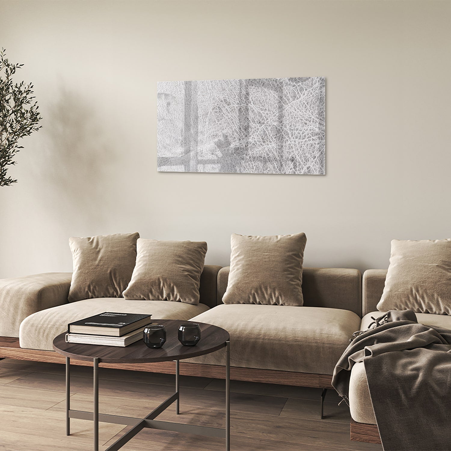 Een abstract glazen schilderij met lijnen, perfect voor moderne interieurs.