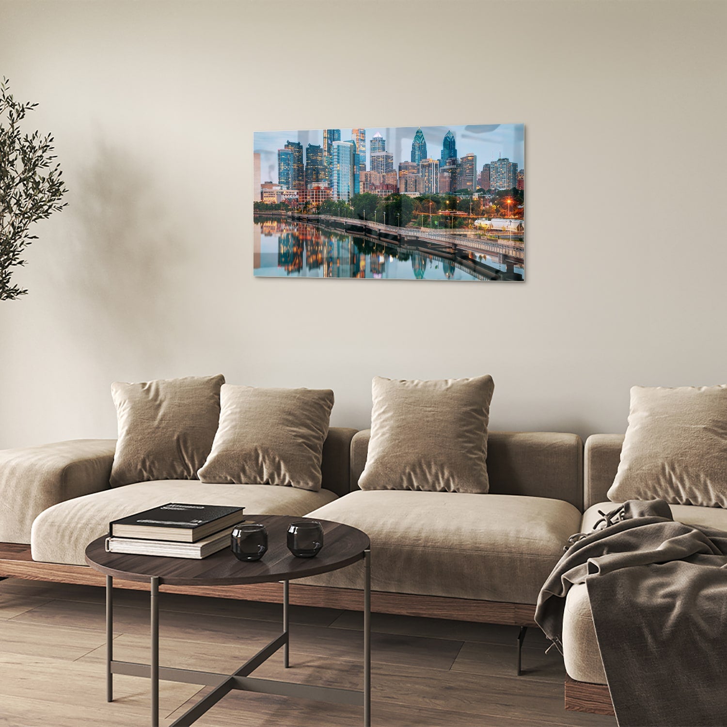 Glazen schilderij met een stadsgezicht en reflecties in het water