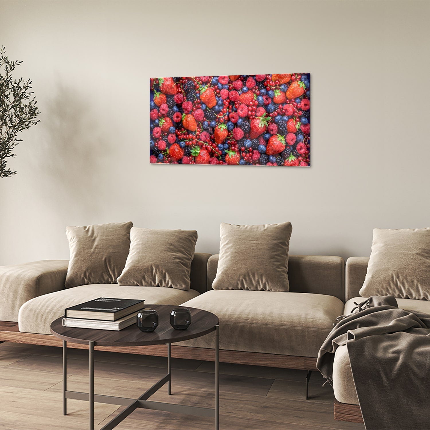 Glazen schilderij met een kleurrijke afbeelding van bessen en fruit