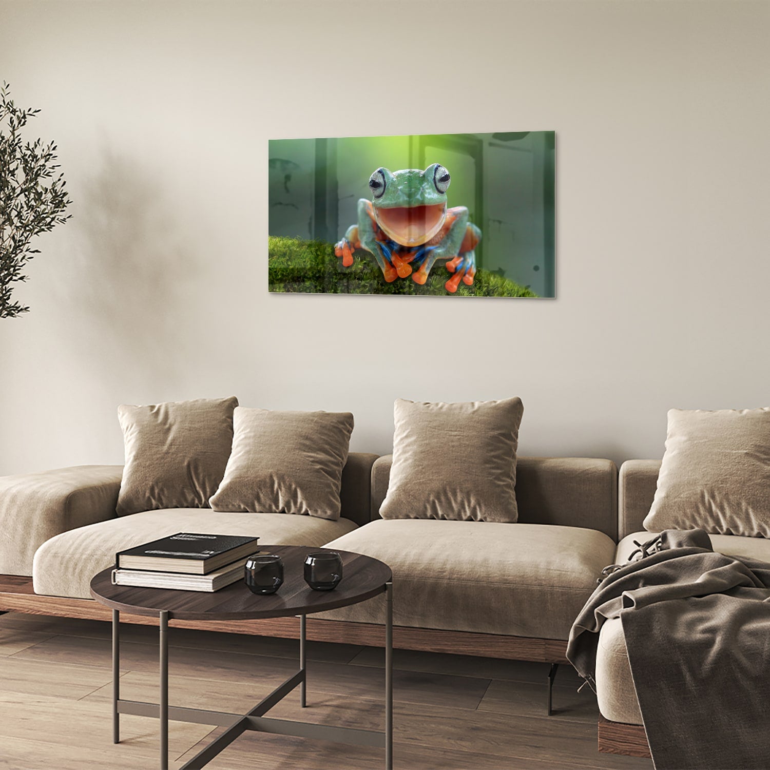 Glazen schilderij van een vrolijke boomkikker op een groene achtergrond