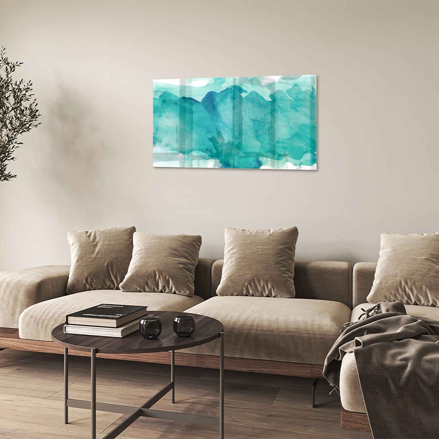 Abstract glazen schilderij met turquoise tinten, perfect voor moderne interieurs.