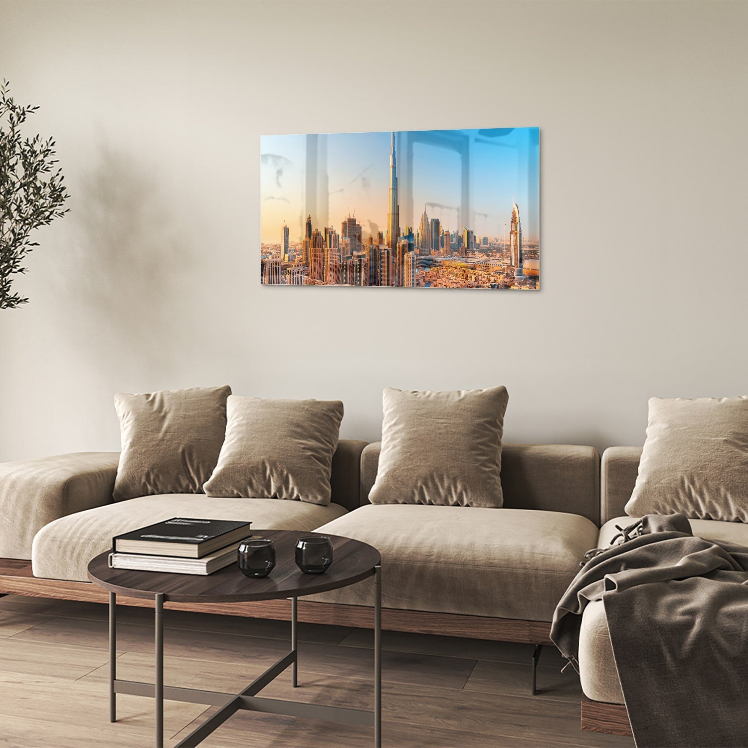 Glazen schilderij van de skyline van Dubai met Burj Khalifa tijdens zonsondergang