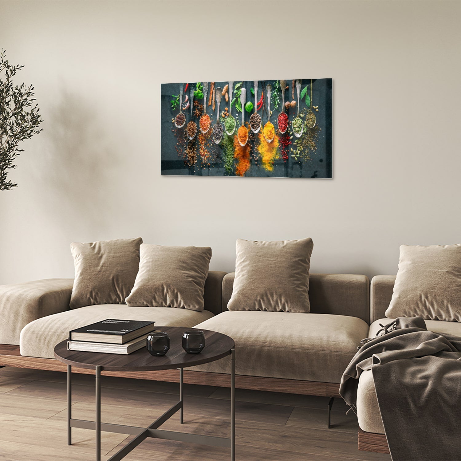 Glazen schilderij met een assortiment kleurrijke specerijen en kruiden, perfect voor keukeninrichting.