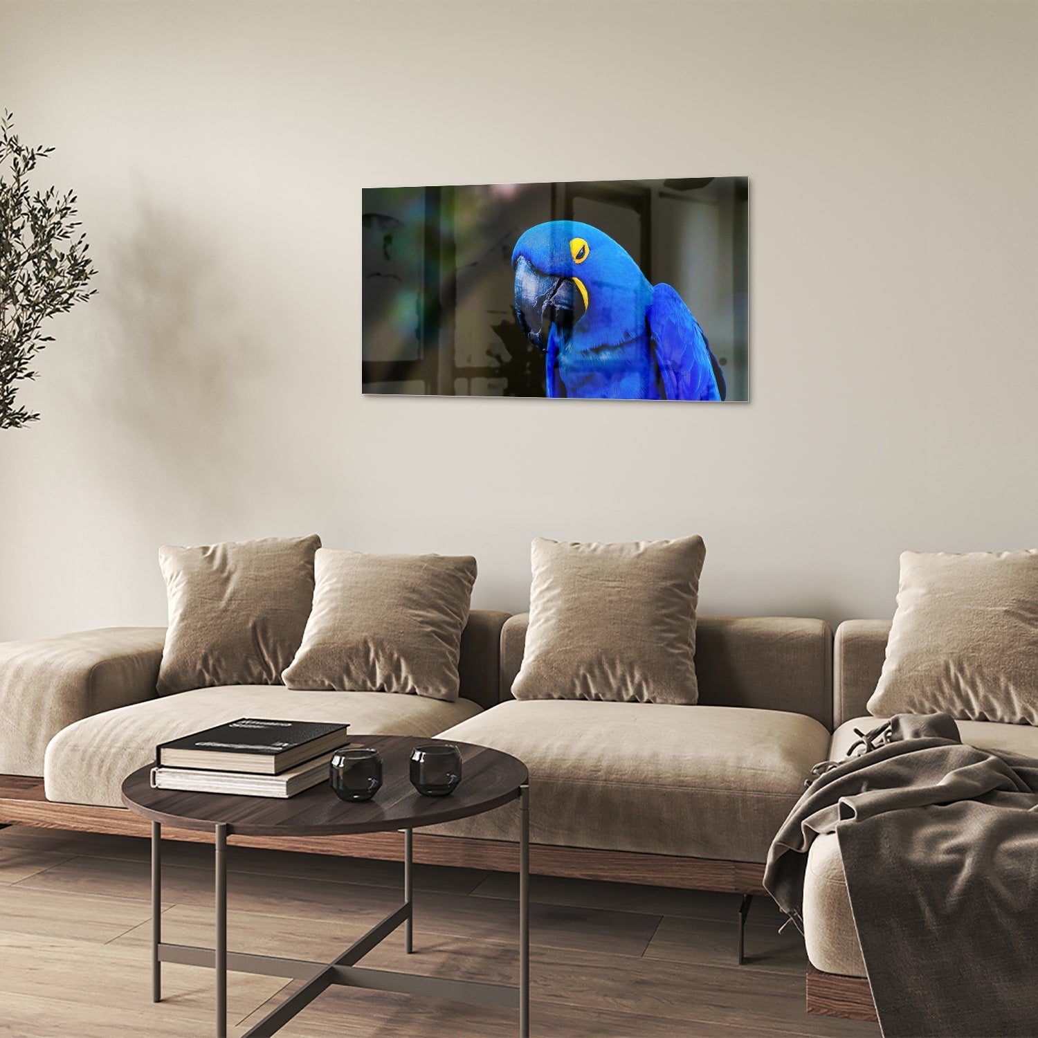 Glazen schilderij van een blauwe ara, ideaal voor wanddecoratie.
