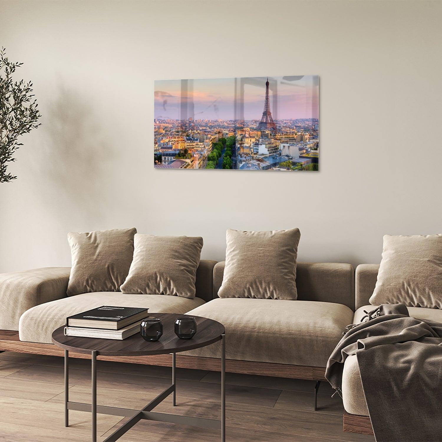 Glas schilderij van de Eiffeltoren in Parijs bij zonsondergang