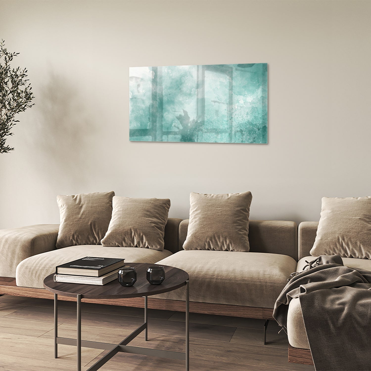 Abstract glazen schilderij in aquablauw kleur, past mooi in een modern interieur.