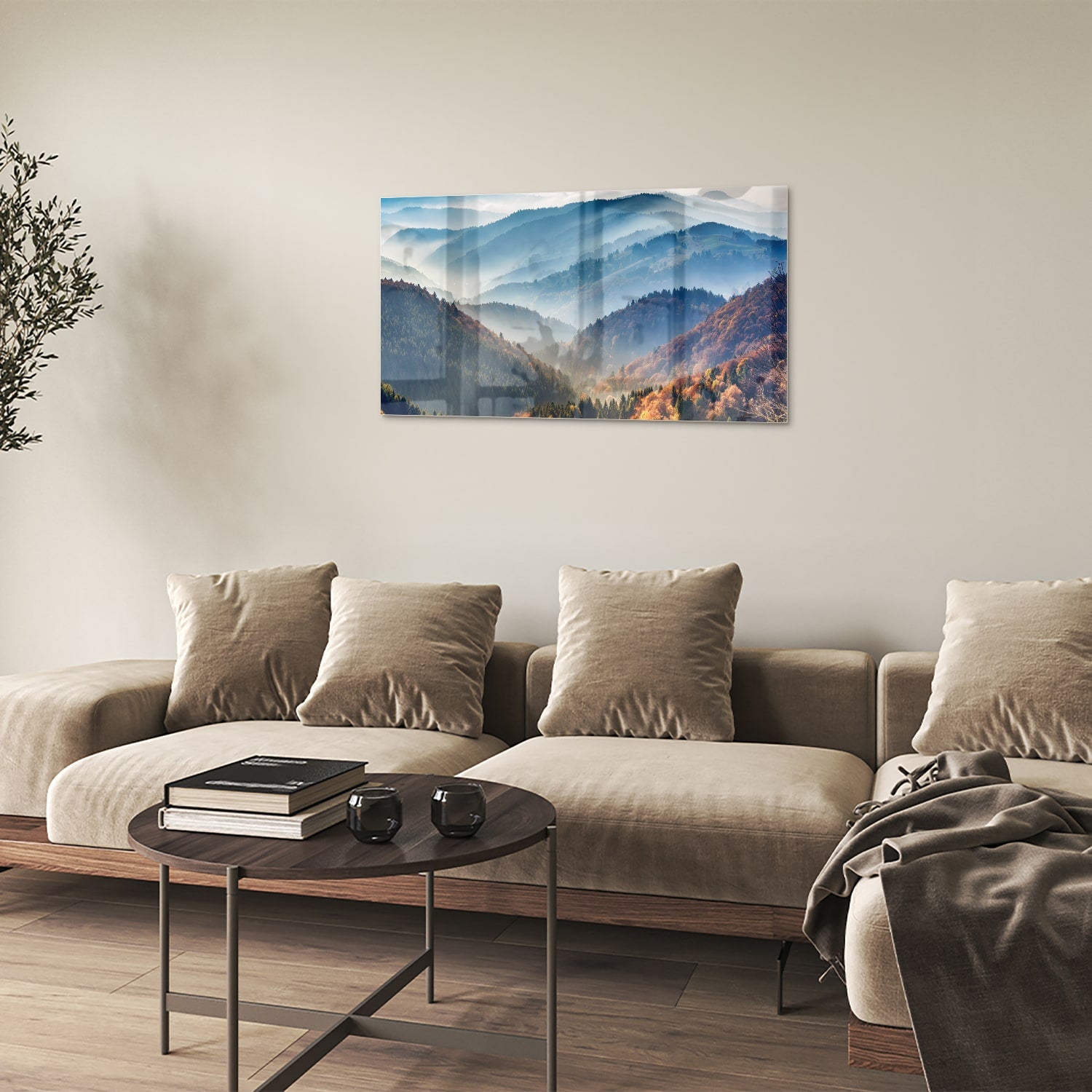 Glazen schilderij met een adembenemend berglandschap in warme herfstkleuren