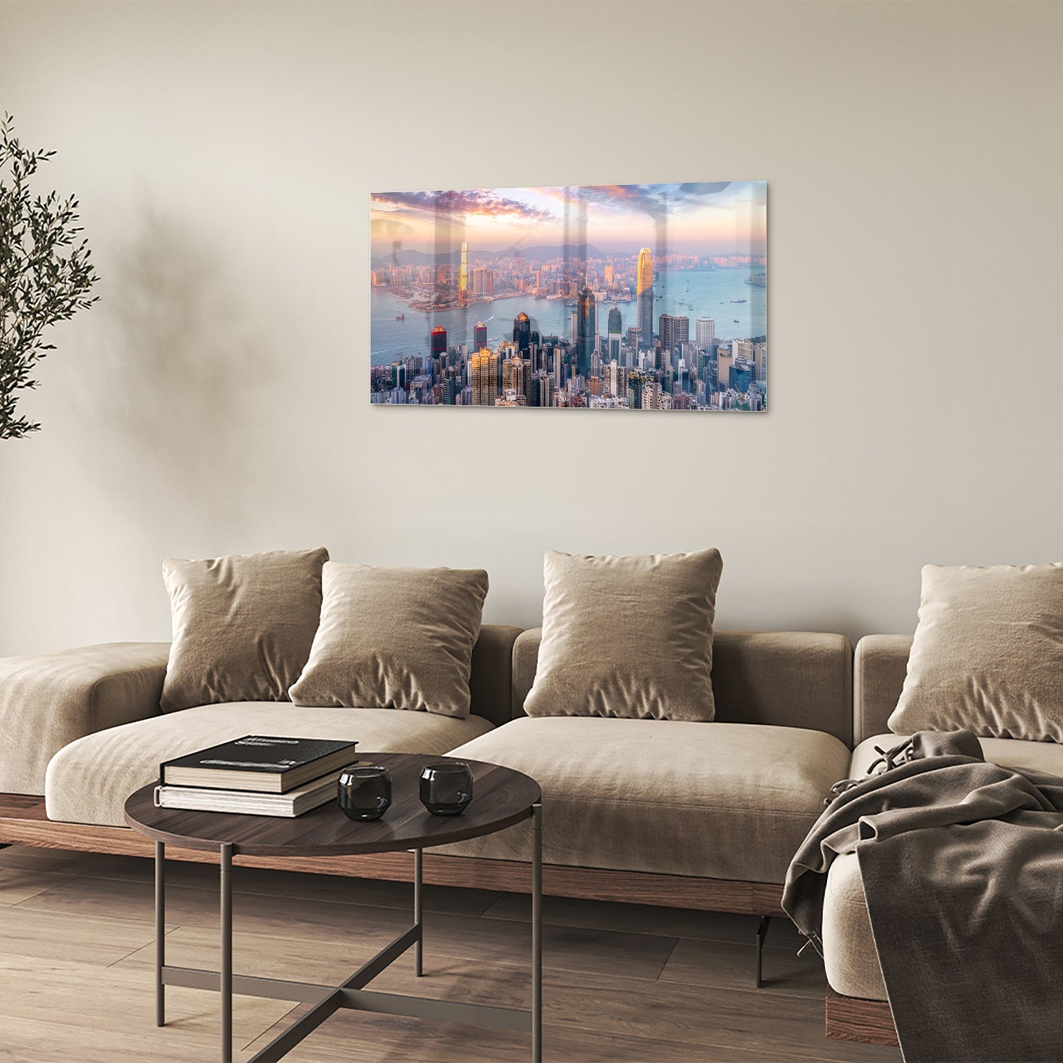 Glazen schilderij van een stadsgezicht met zonsondergang, perfect voor inrichting