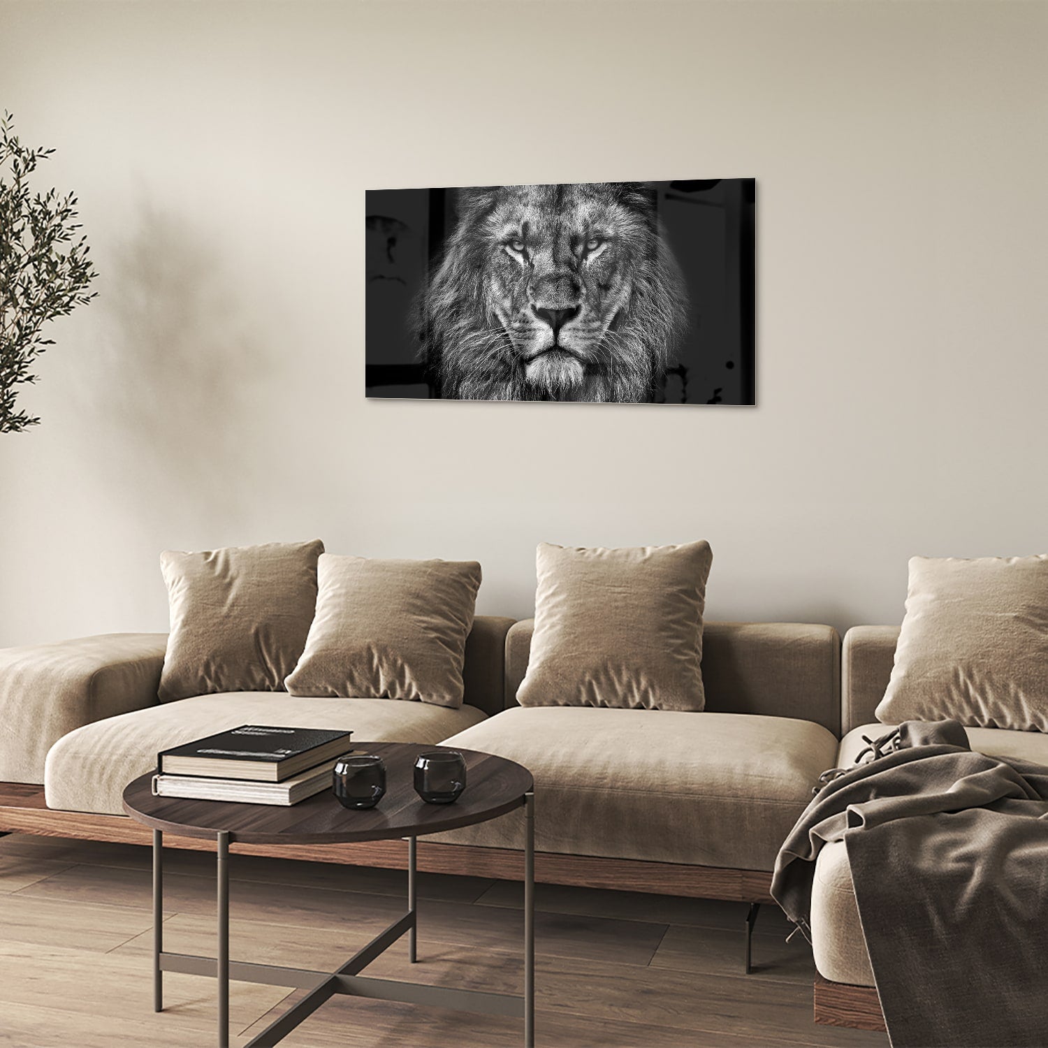 Glazen schilderij van een leeuw in zwart-wit, perfect voor wanddecoratie.