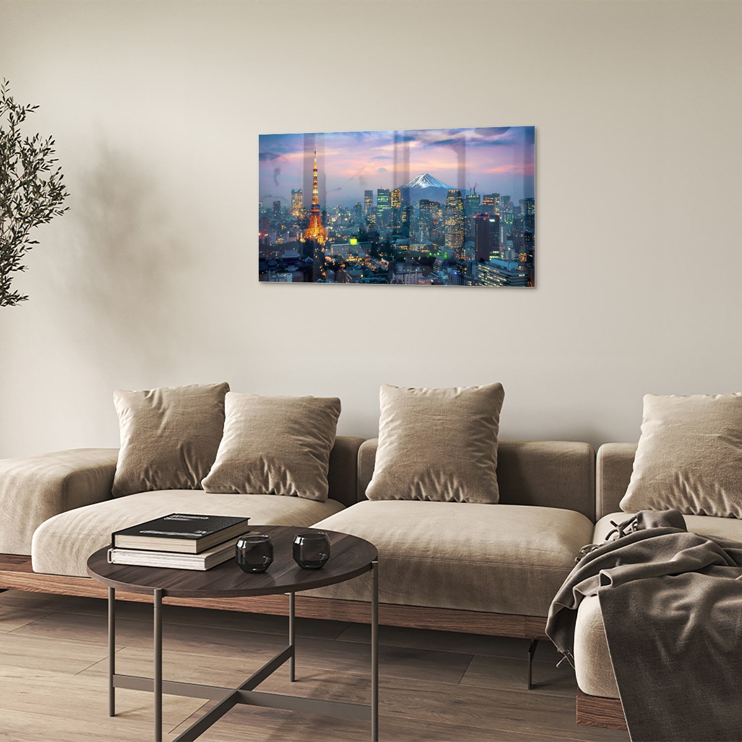 Glazen schilderij van Tokyo met de Tokyo Tower en Mount Fuji in de achtergrond