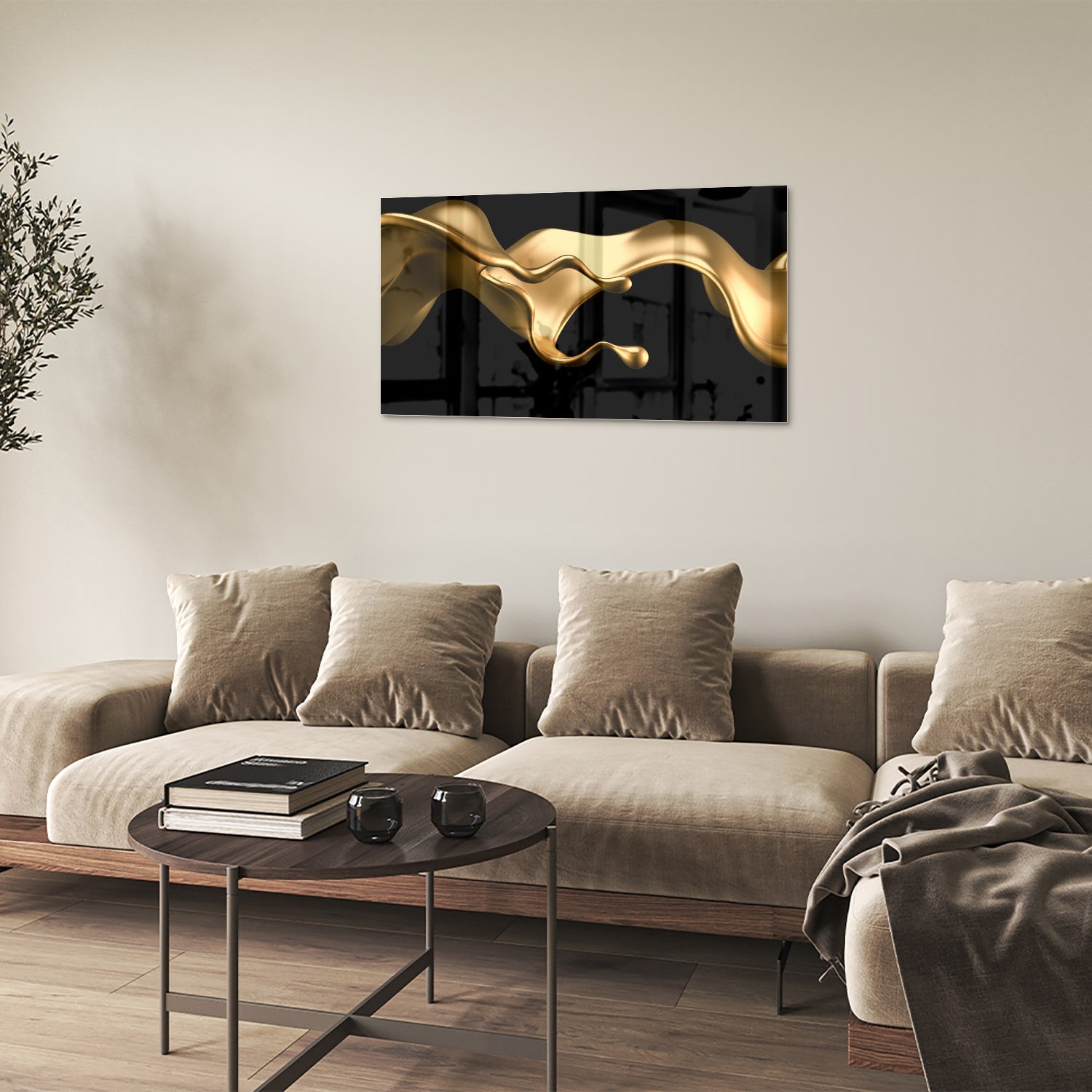 Gouden abstract glas schilderij met zwarte achtergrond, perfect voor moderne interieurs.