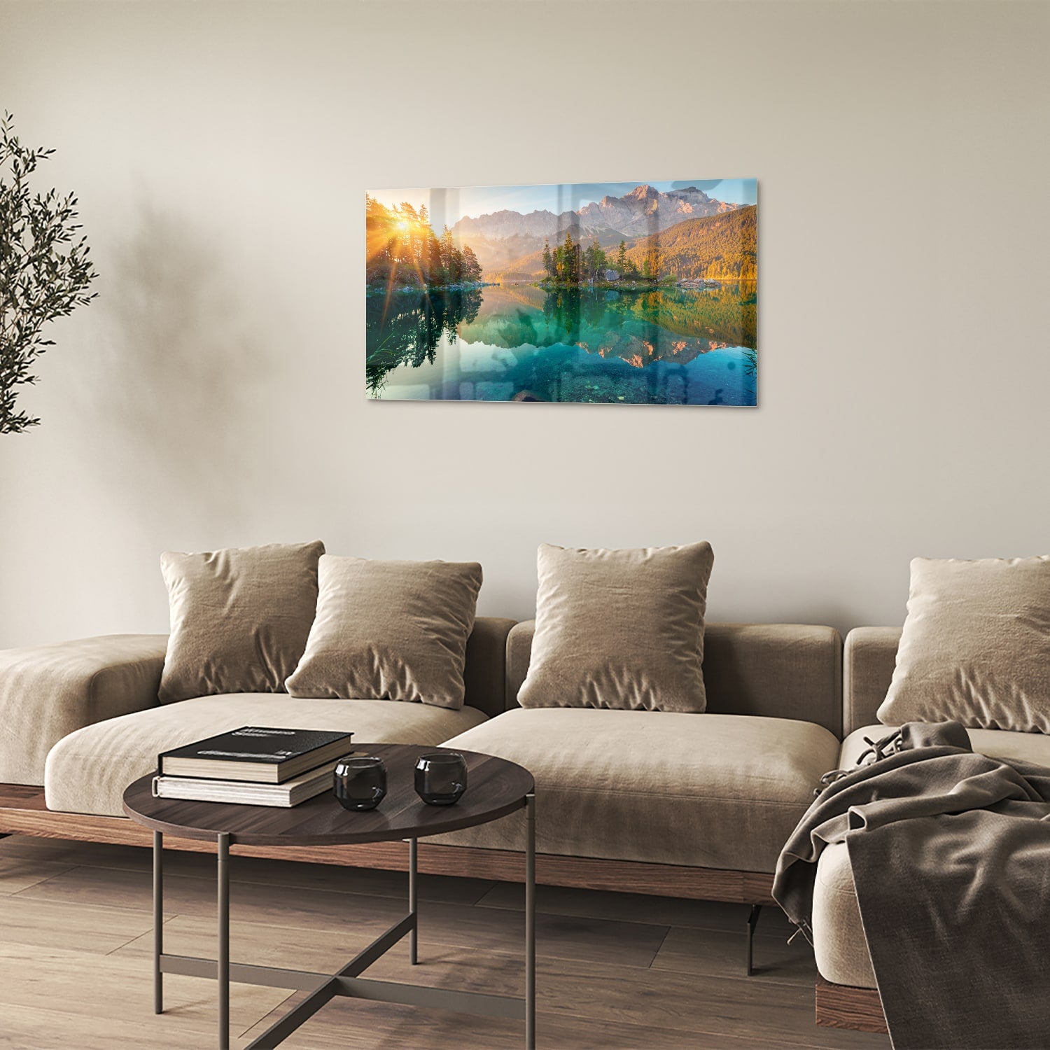 Glazen schilderij van een berglandschap met reflectie in het meer.