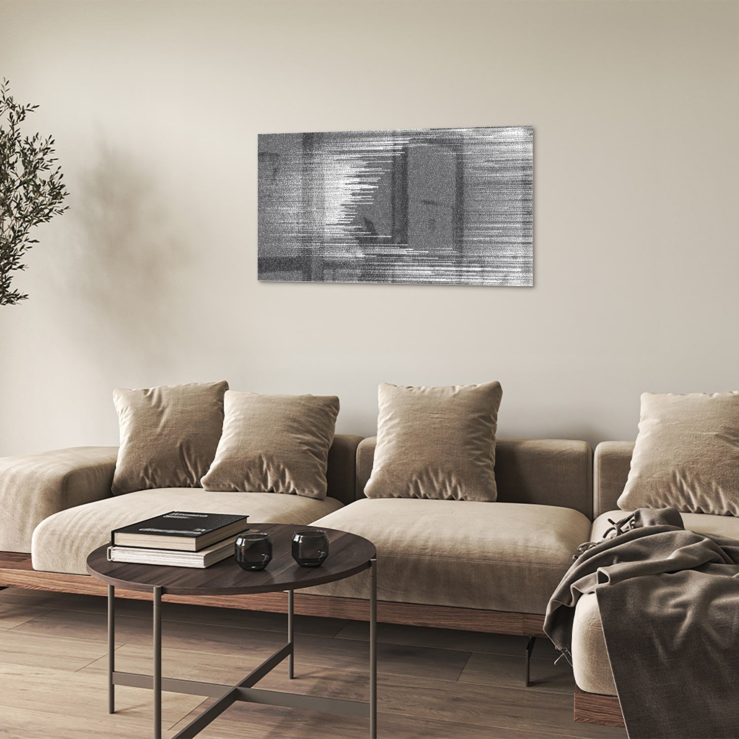 Abstract glazen schilderij in zwart-wit aan de muur met planten