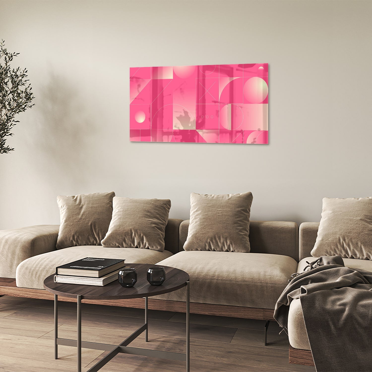 Modern glazen schilderij in frisroze met geometrische vormen.