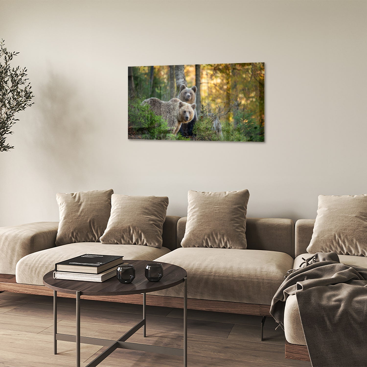 Glazen schilderij met twee schattige beren in een bosrijke omgeving